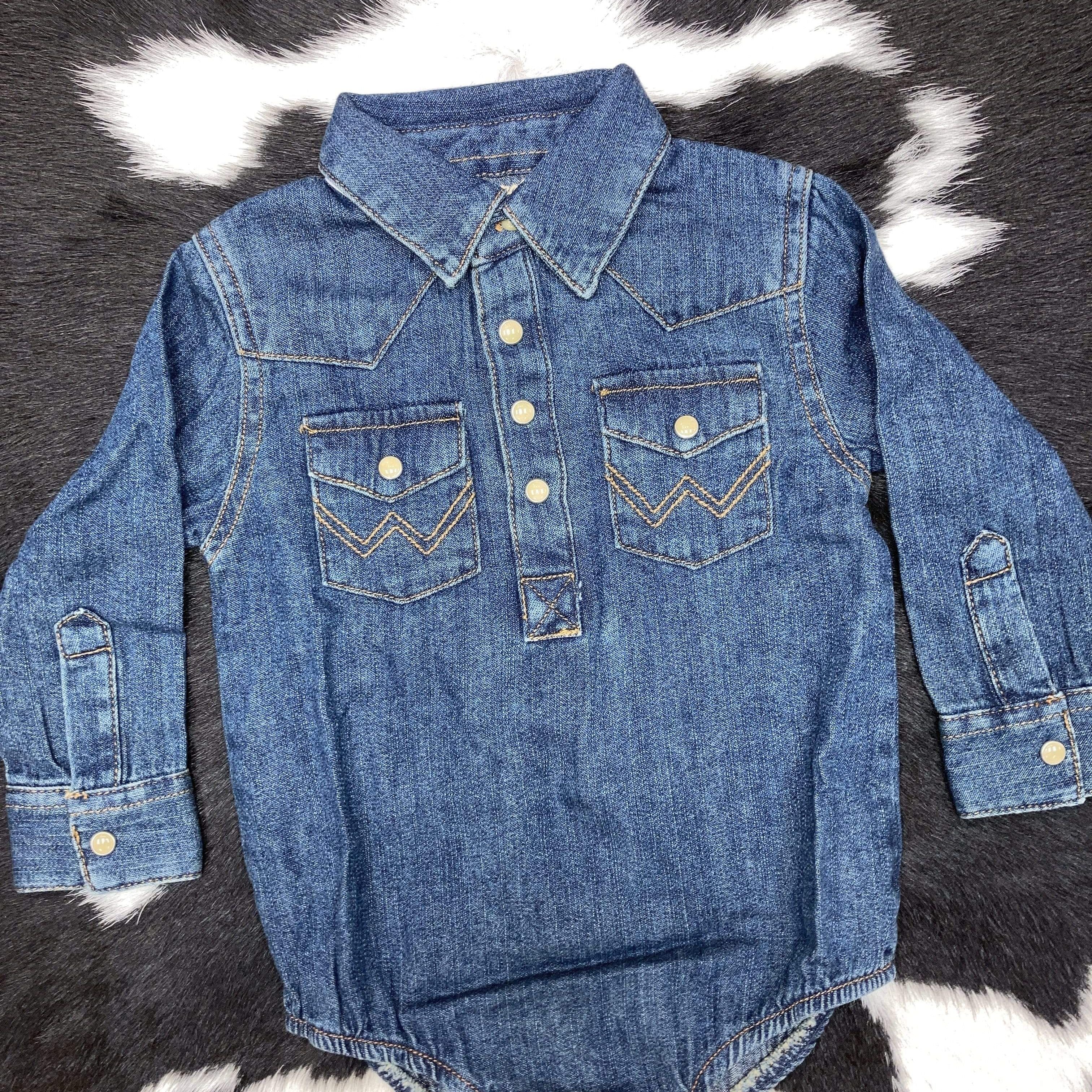 Girl's Wrangler Dark Wash Denim Jumpsuit with Pearl Snap Buttons - Stylish & Comfortable Romper for Toddlers, Playdates & Outdoor Adventures