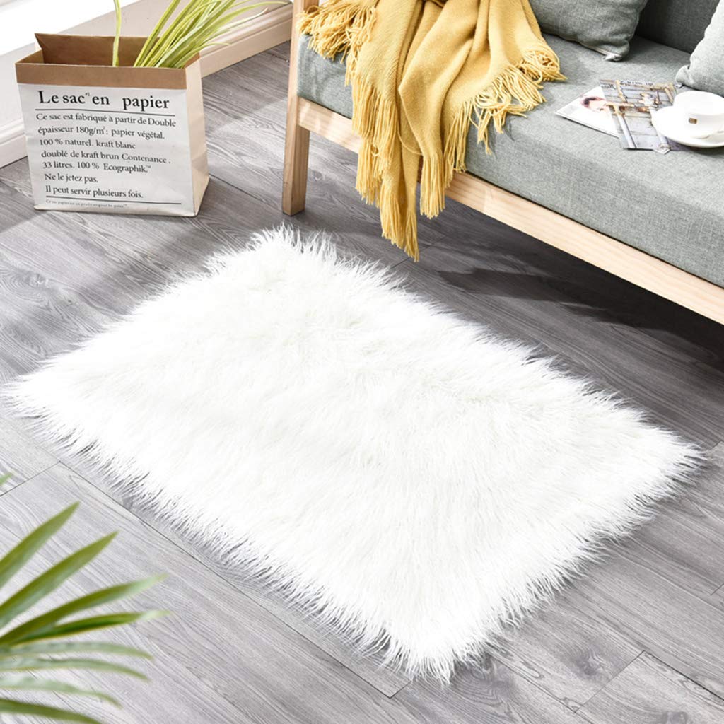 Soft Fluffy Faux Fur Sheepskin Rug - Non-Slip Rectangle Area Carpet for Living Room, Bedroom & Yoga - White 150x180cm - Cozy Home Decor & Floor Mat for Sofa, Nursery & Meditation Space