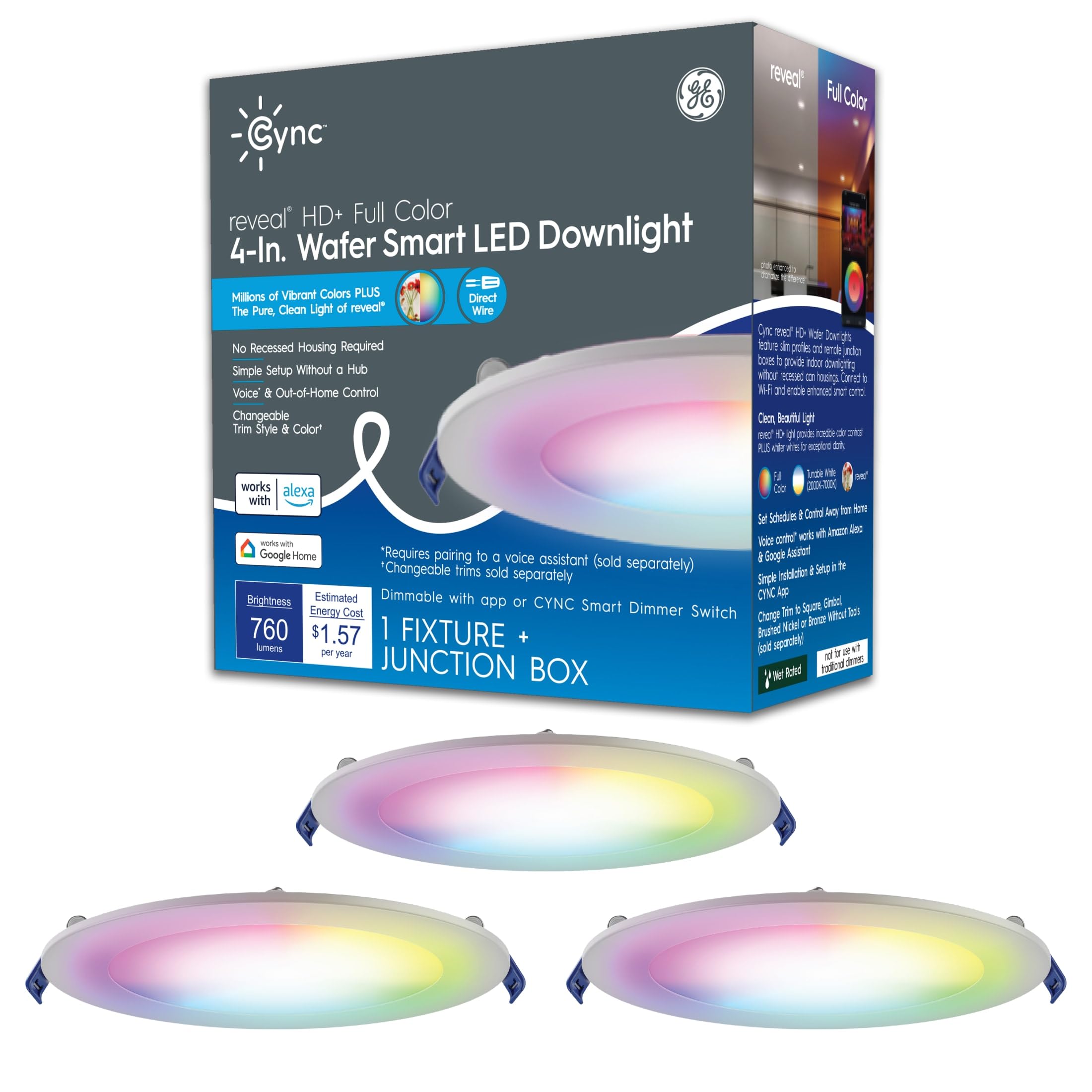 Cync GE Reveal HD+ Smart LED Downlight Fixture - 4 Inch Full Color Changing WiFi & Bluetooth Lights (3 Pack, 13W) - Works with Alexa & Google Home - Perfect for Bedroom, Kitchen & Living Room Lighting
