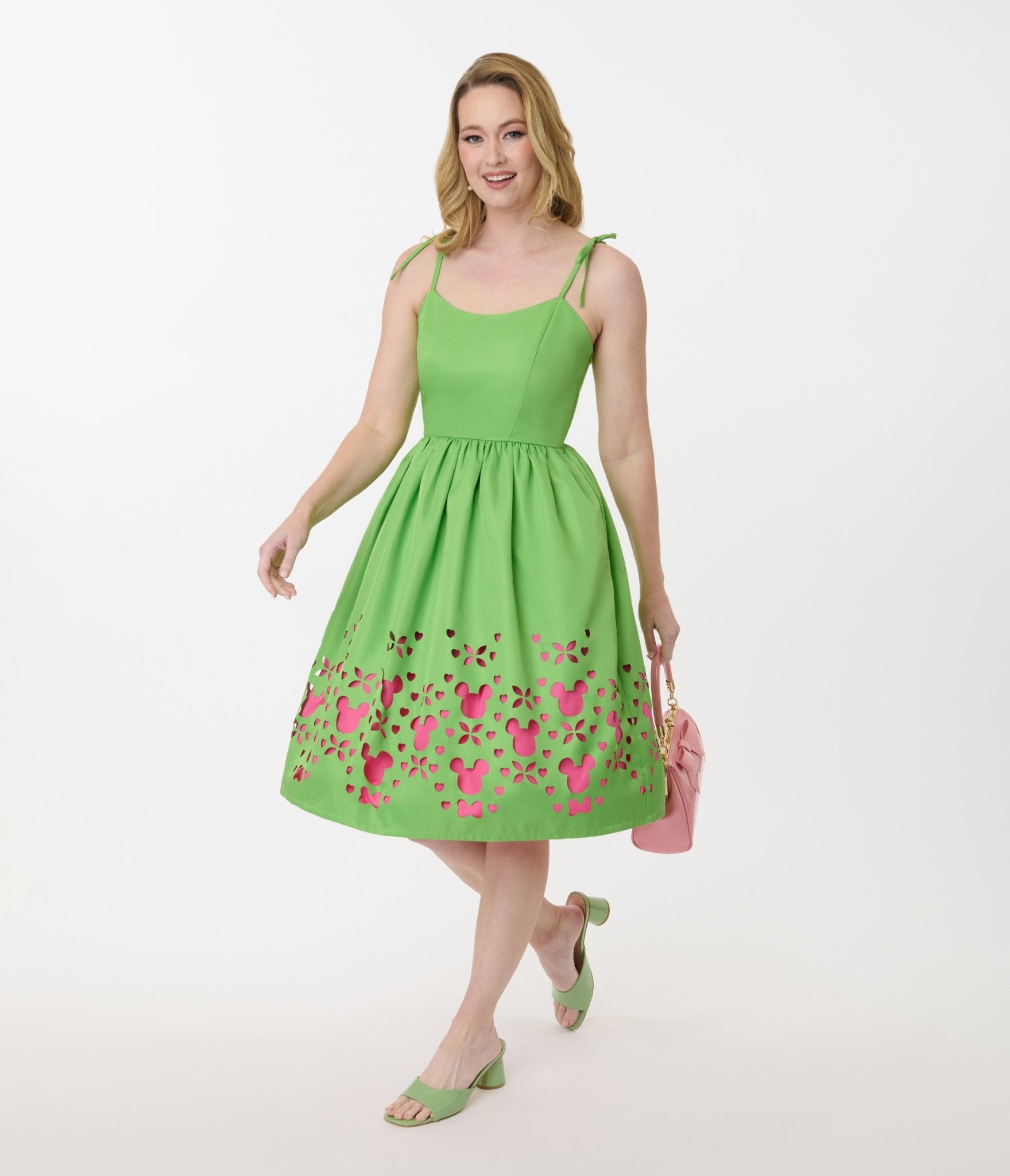 Disney Mickey & Friends Vintage Neon Green & Pink Cutout Swing Dress - Perfect for Cosplay, Theme Parks & Retro Fashion