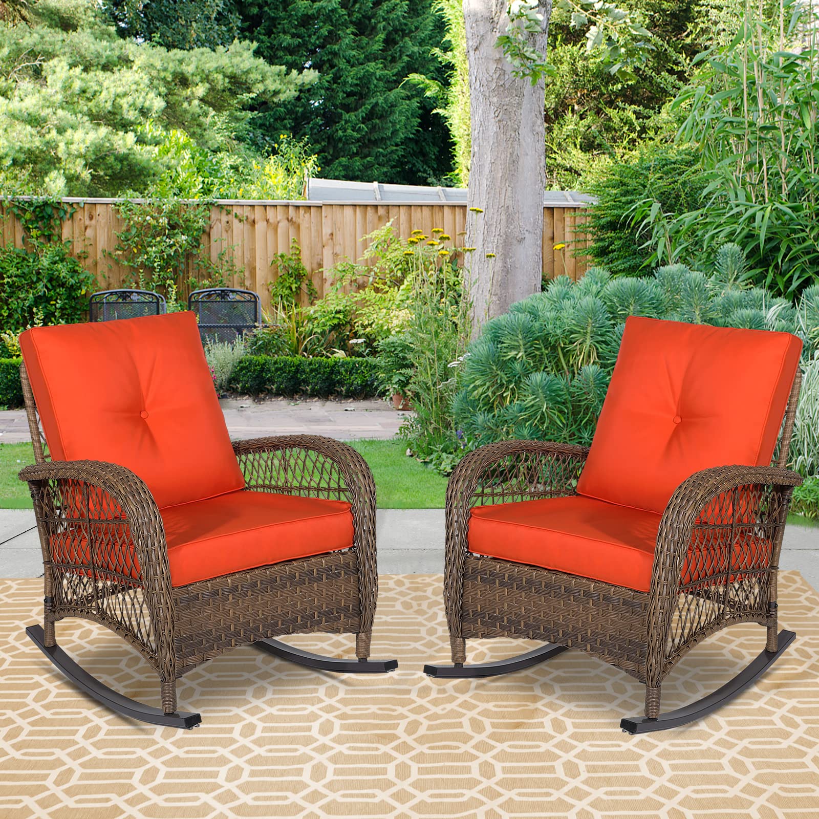 Premium All-Weather Outdoor Wicker Rocking Chair Set of 2 - Thickened Cushions, Durable Rattan Patio Rocker for Porch, Garden & Backyard (Orange) - Perfect for Relaxing, Sunbathing & Outdoor Entertaining