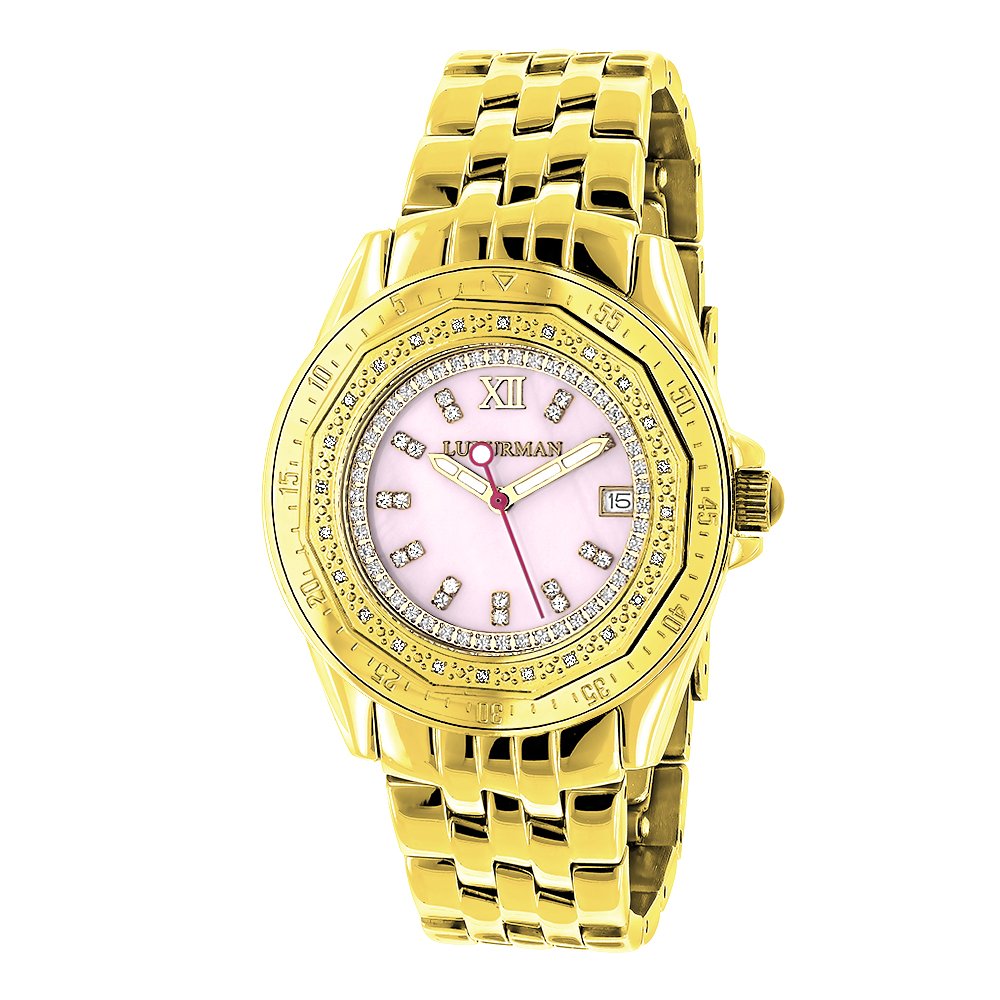 LUXURMAN 0.25ct Diamond Pink Mother of Pearl Watch for Women - Yellow Gold Plated Luxury Timepiece | Perfect for Formal Events, Weddings & Special Occasions