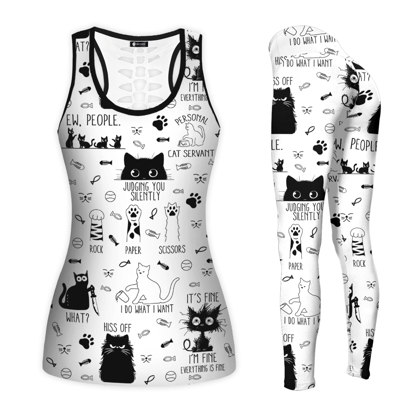 Women's 2-Piece Casual Workout Set - Cat Print Yoga Outfit with Tank Top & Leggings | Perfect for Gym, Yoga, Running & Lounge Wear