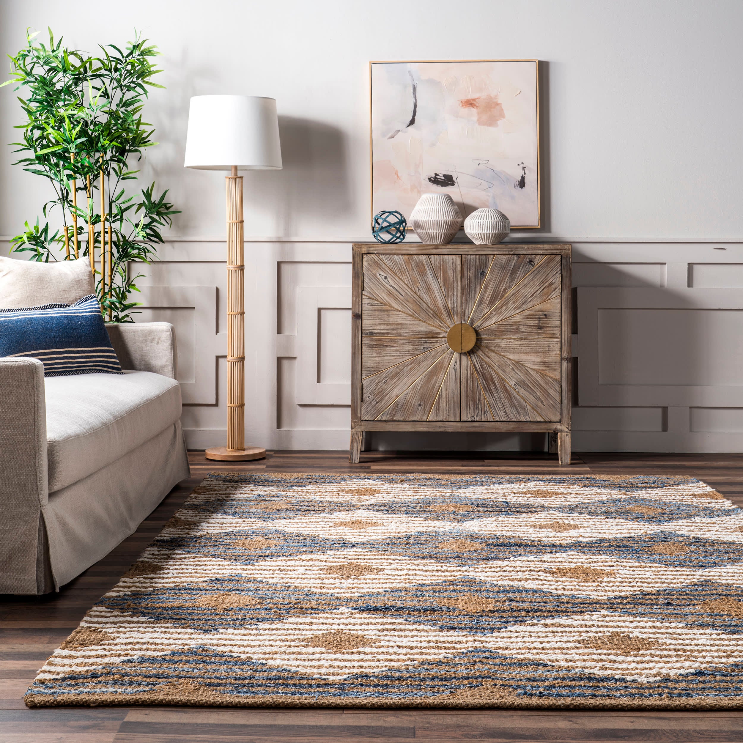 Hand Braided Denim and Jute Striped Diamond Area Rug - Off White | Boho Chic Home Decor for Living Room, Bedroom, or Nursery