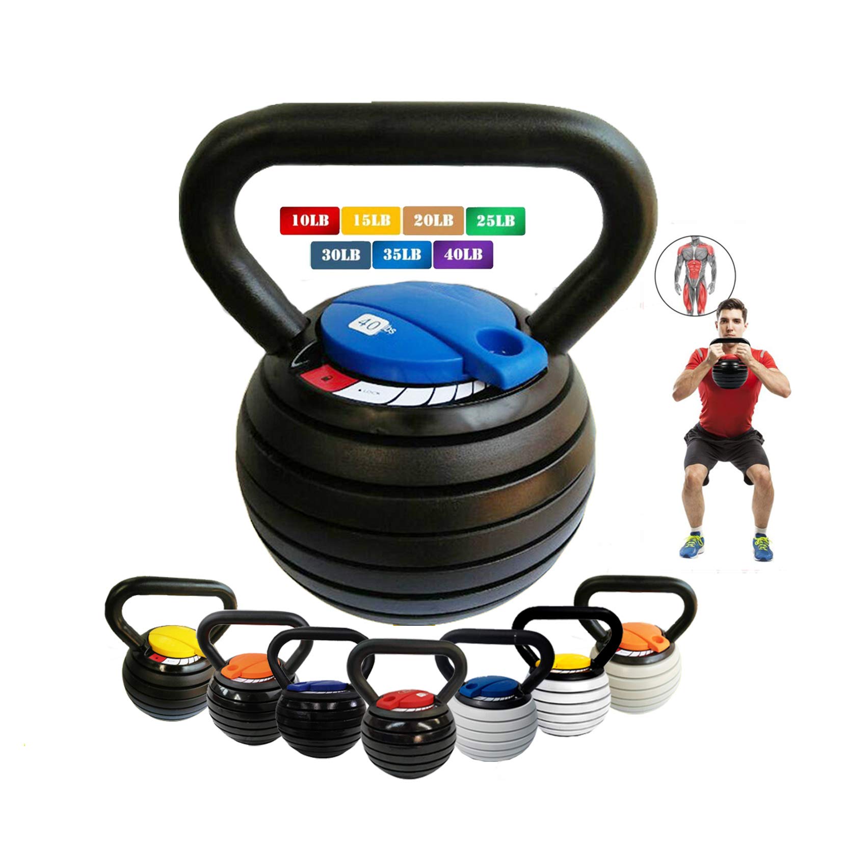 Adjustable Kettlebell Weights Set 10-40LBS (10/15/20/25/30/35/40 lbs) for Strength Training - Home Gym Equipment for Men & Women - Perfect for HIIT, CrossFit & Full-Body Workouts - Black & Blue
