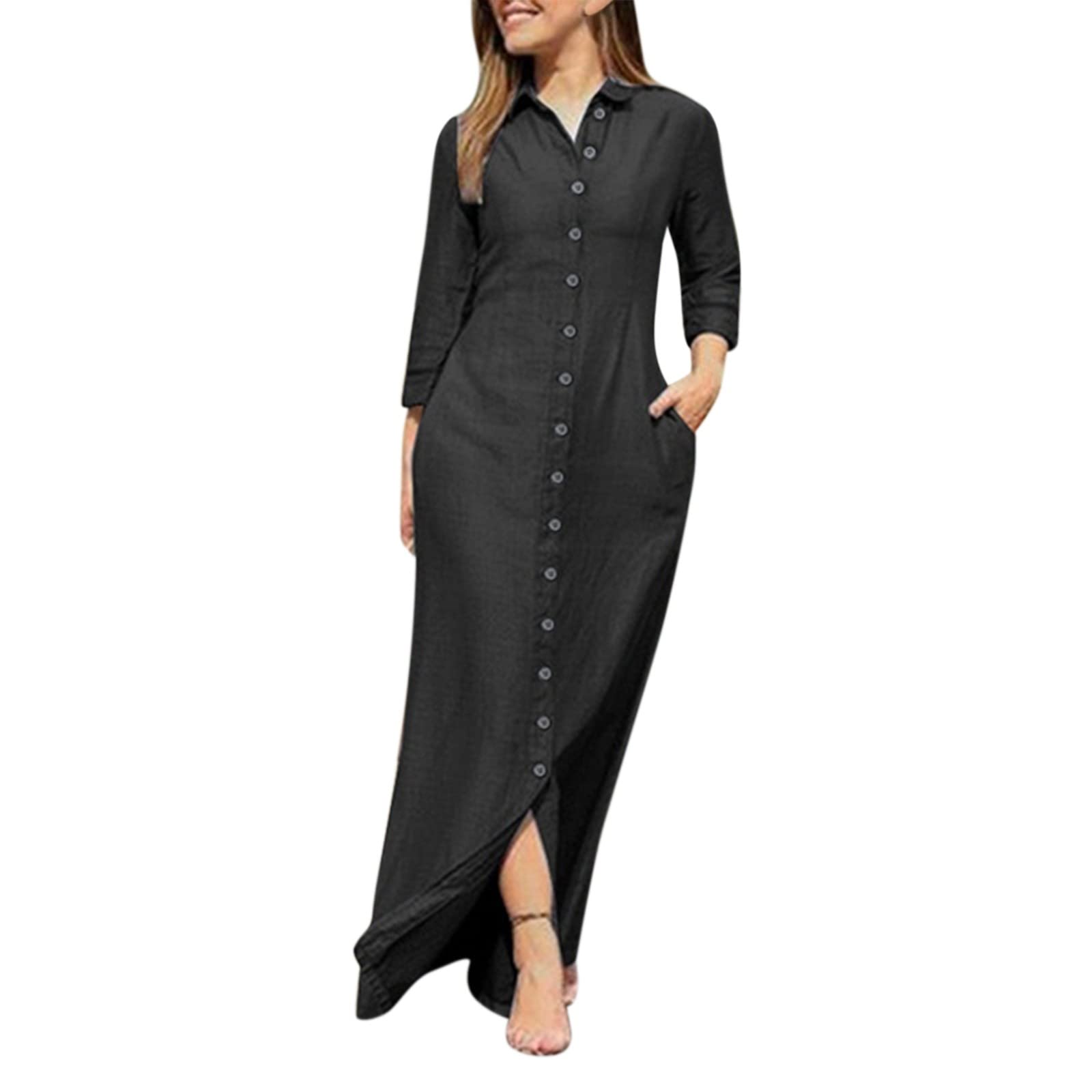 Women's Denim Long Dress with V-Neck & Button Front - Casual Loose Fit Pocket Dress for Everyday Wear | Perfect for Outings, Dates & Office