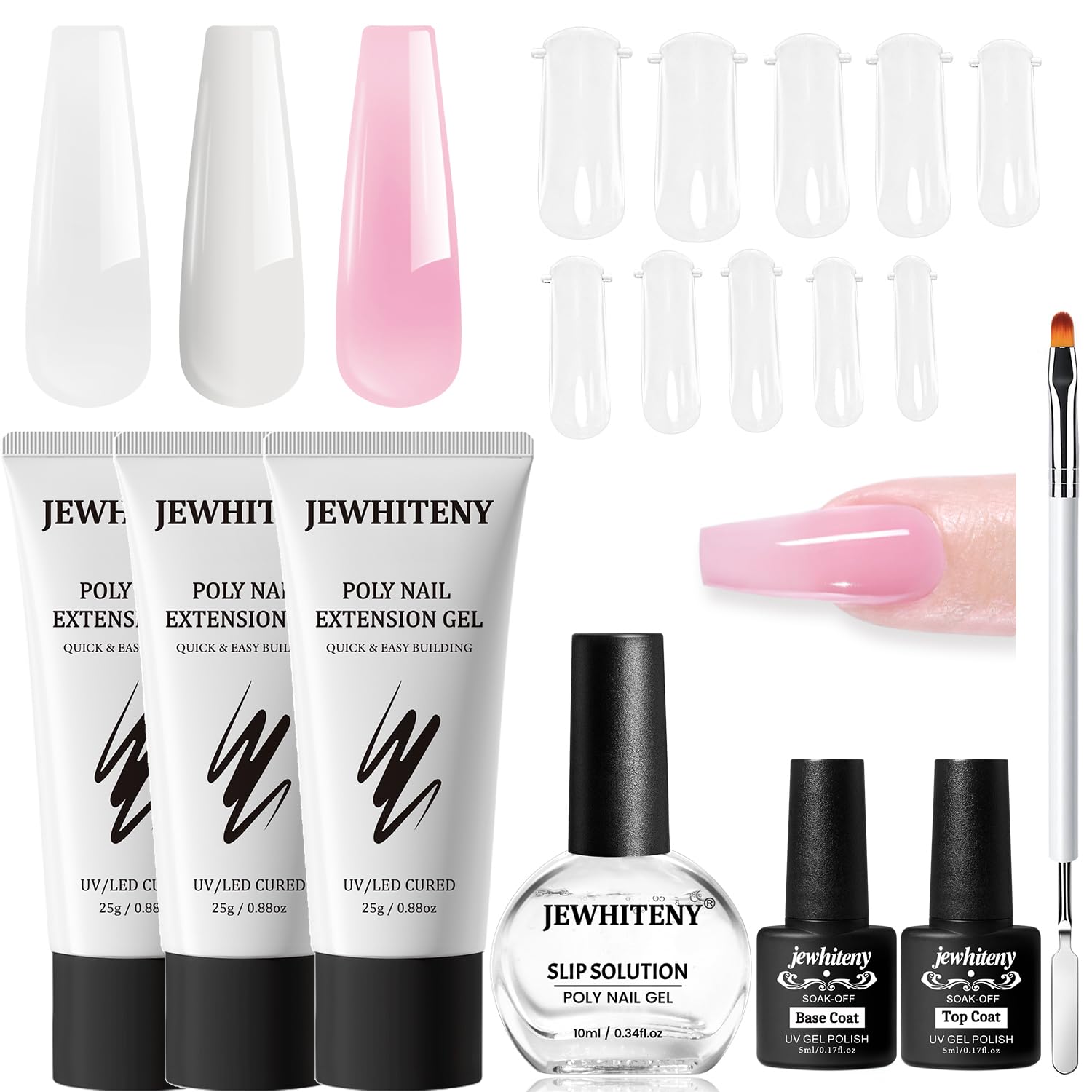 JEWHITENY Poly Extension Gel Nail Kit - Clear White Pink Poly Gel with Base & Top Coat for DIY French Manicure | UV/LED Lamp Required | Perfect for Salon Professionals & Home Nail Art