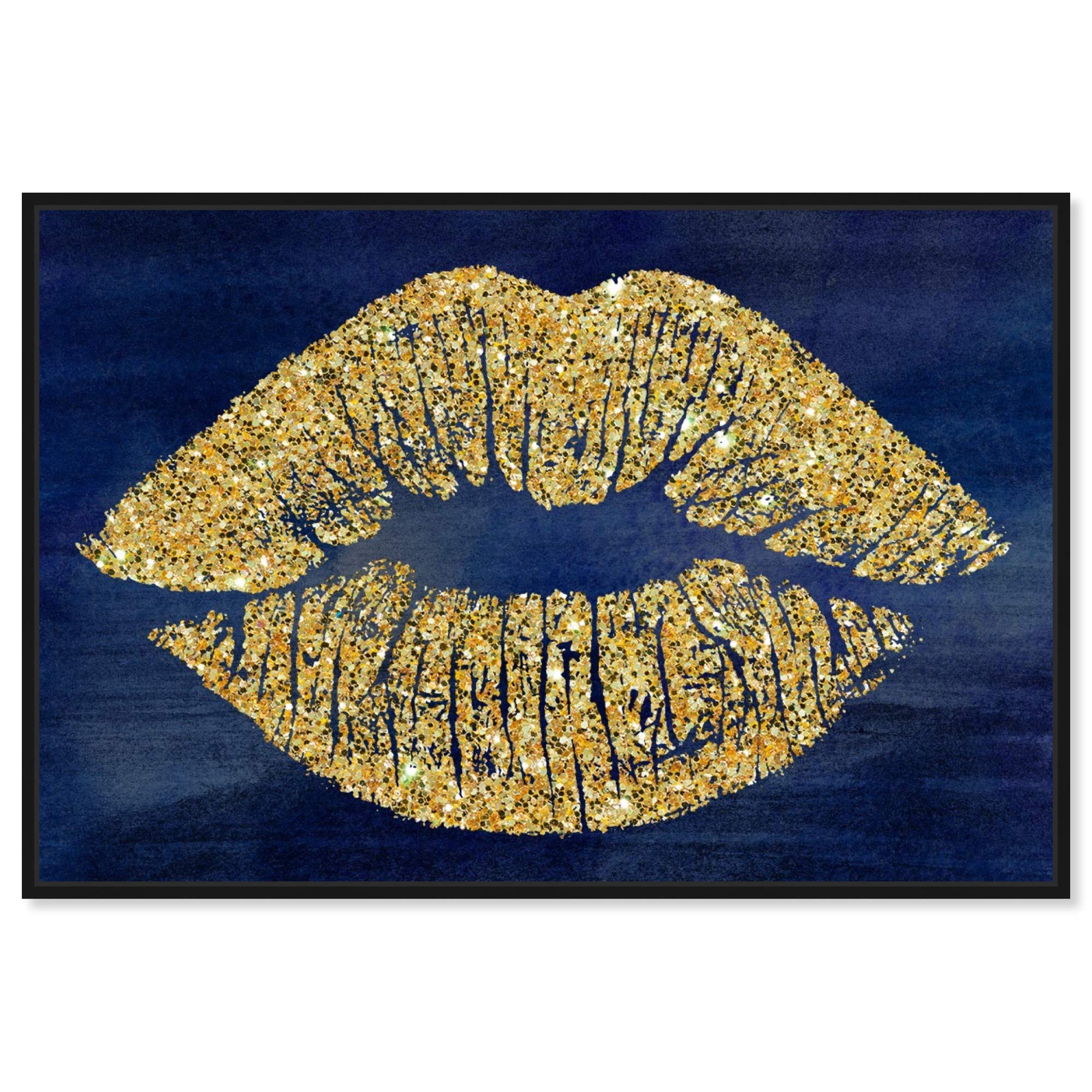 Oliver Gal Artist Co. 'Solid Kiss Navy Glitter' Lips Framed Wall Art - 36x24 Inch Fashion Canvas Print in Gold & Blue | Perfect for Bedroom, Living Room & Office Decor