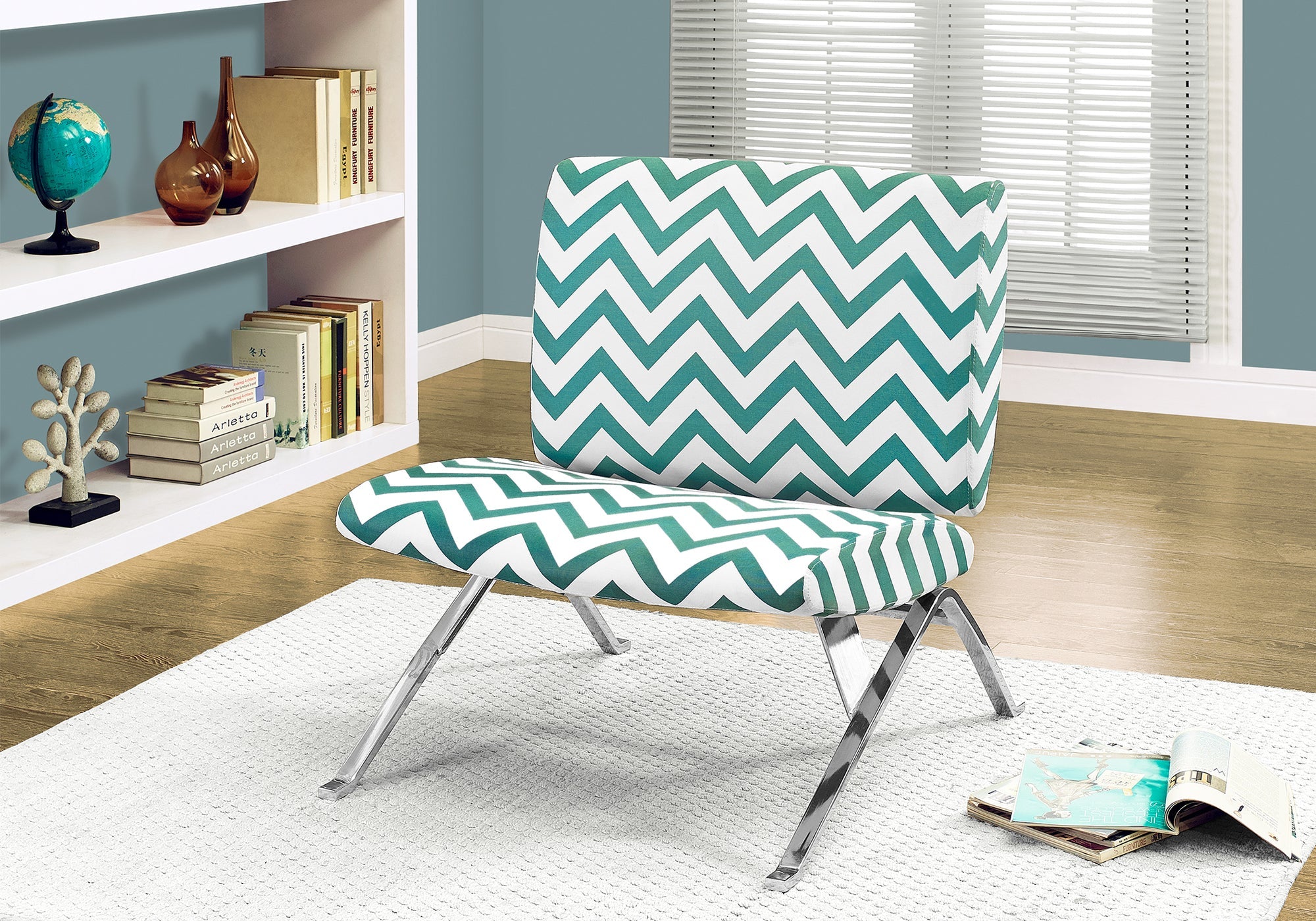 Modern Teal Chevron Fabric Accent Chair with Chrome Metal Legs - Perfect for Living Room, Bedroom, or Office Decor