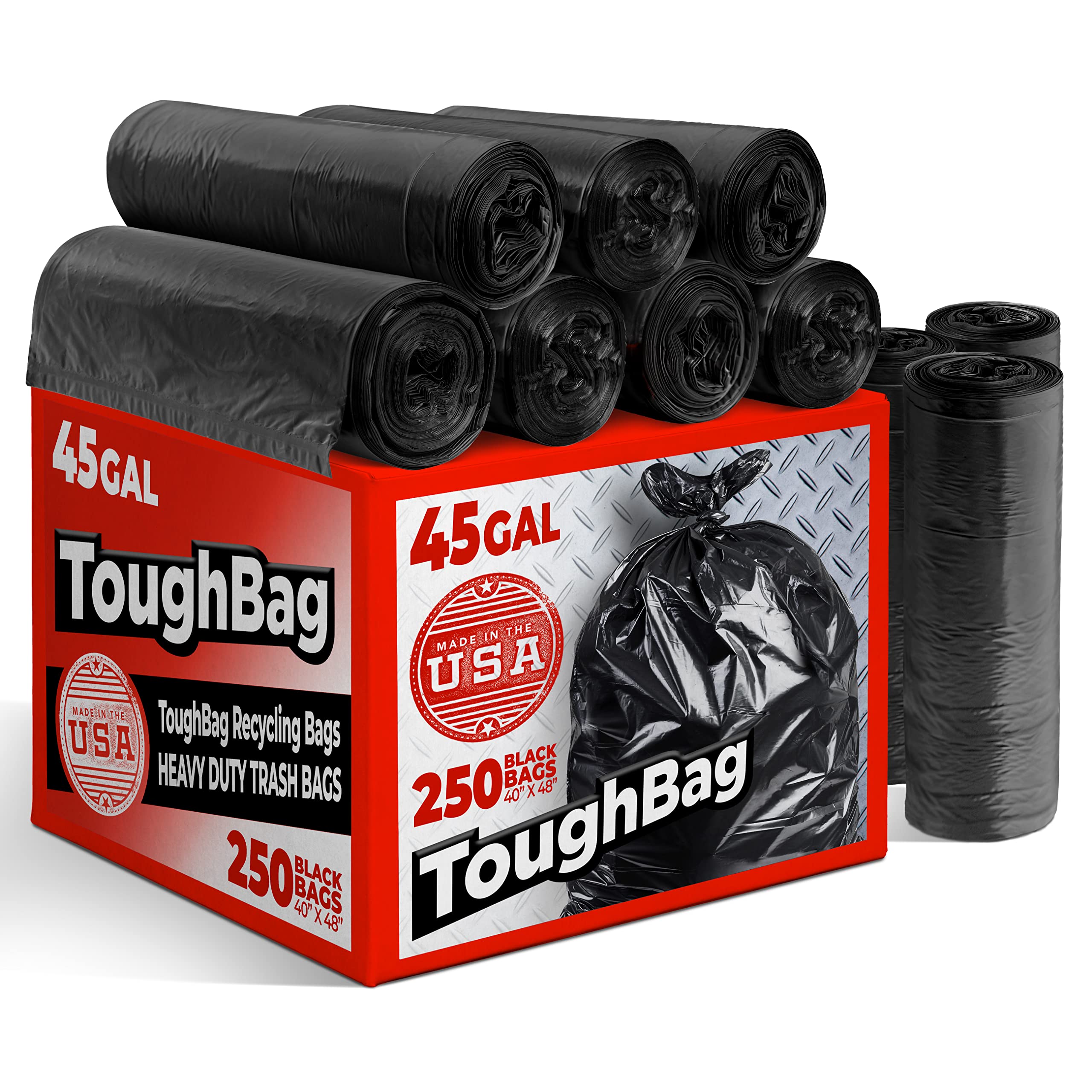 Heavy Duty 40-45 Gallon Trash Bags (250 Count) - Extra Thick Black Garbage Bags for Kitchen, Outdoor & Commercial Use | Fits 39, 40, 42, 45 Gallon Cans | Made in USA | Durable & Leak-Proof Waste Disposal Solution