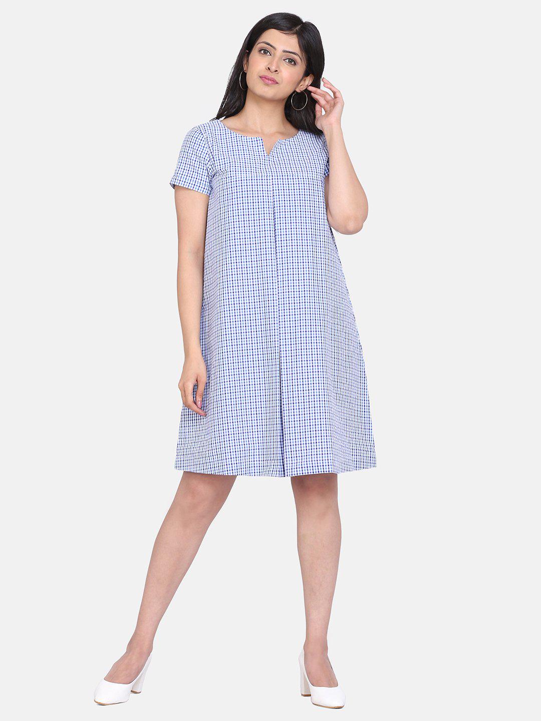 Stylish Gingham Cotton Trapeze Dress in Sky Blue - Perfect for Summer Outings, Beach Vacations & Casual Wear