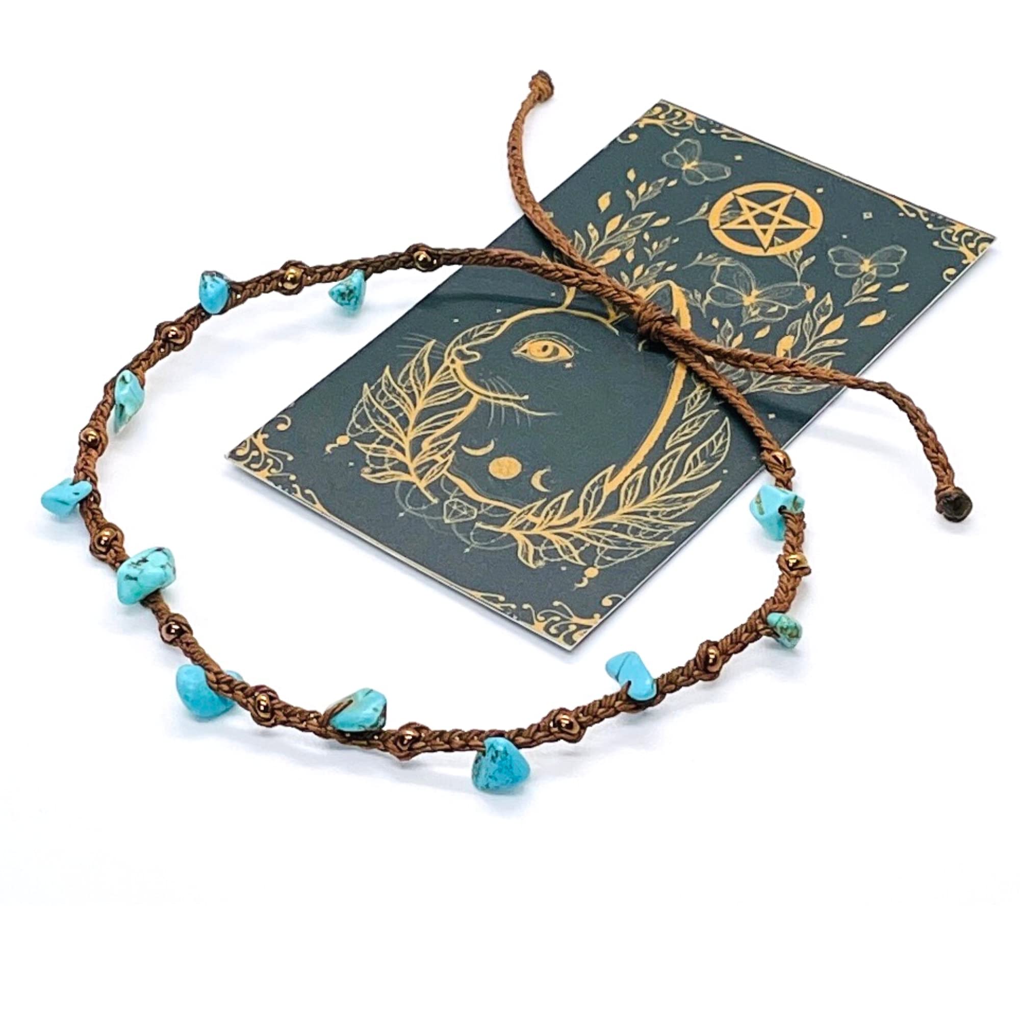 Turquoise Ankle Bracelets for Women – Adjustable Braided Wax Cord Anklet with Genuine Turquoise Chips, Waterproof & Custom Sizing – Perfect for Summer Beach, Vacation & Boho Fashion | PusSoul