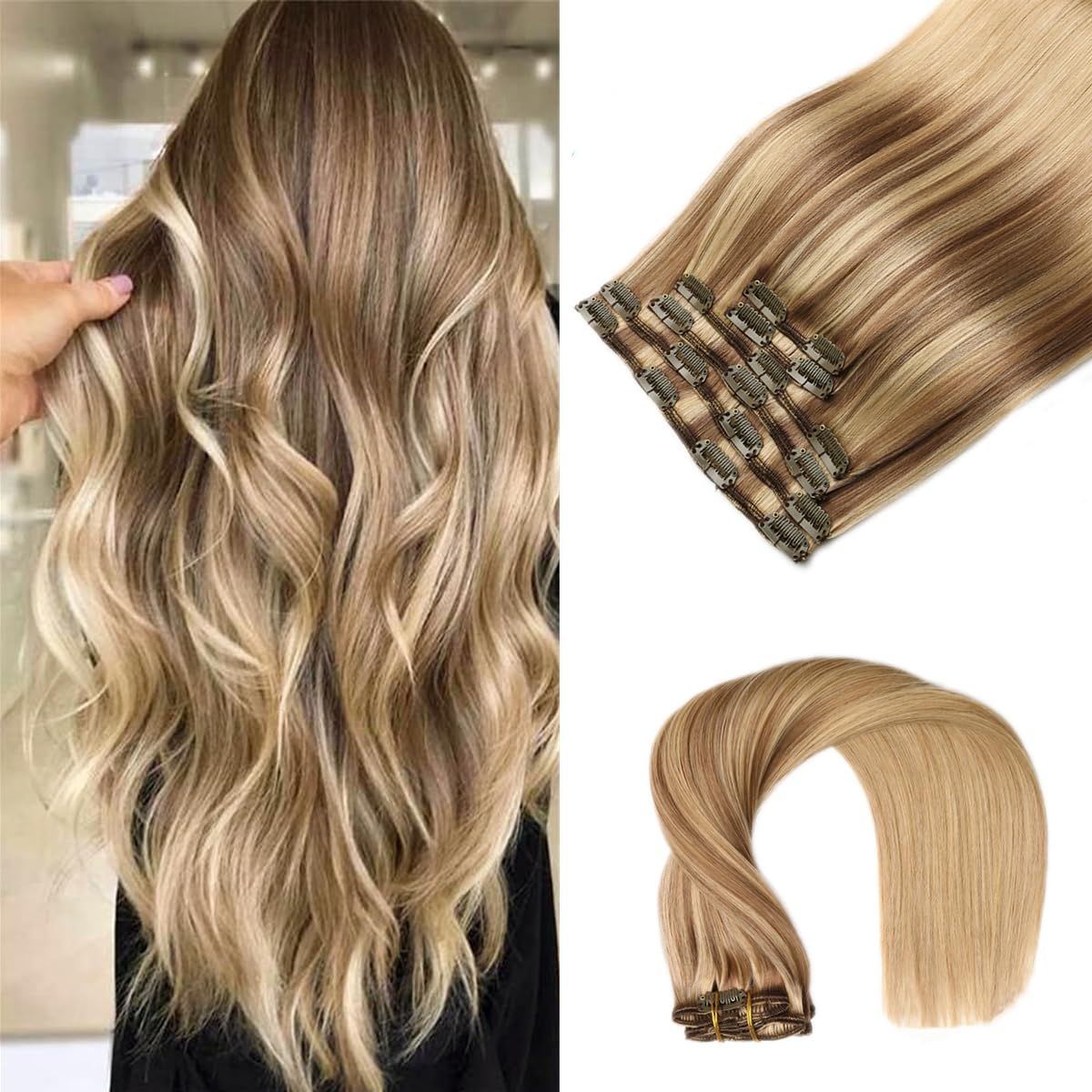 VINBAO 18 Inch Clip in Human Hair Extensions - 6pcs 120g Remy Human Hair with Balayage Ash Brown to Caramel Blonde (#10/16/16) - Perfect for Volume, Length & Styling for Parties, Weddings & Daily Wear