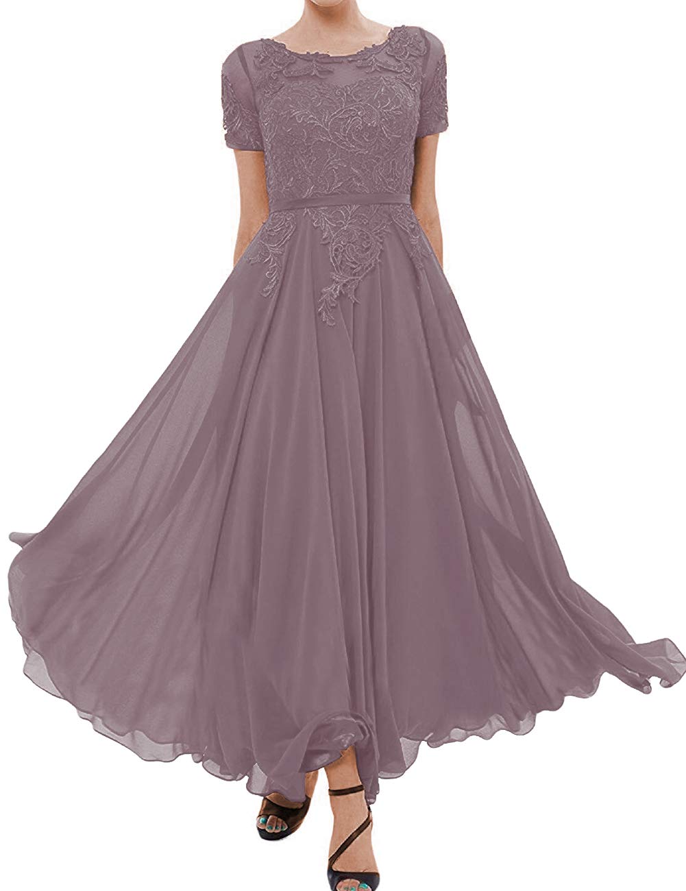 Elegant Tea Length Mother of The Bride Dress - Lace Formal Evening Gown with Short Sleeves & Applique Details | Perfect for Wedding Guest, Groom's Mother & Special Occasions