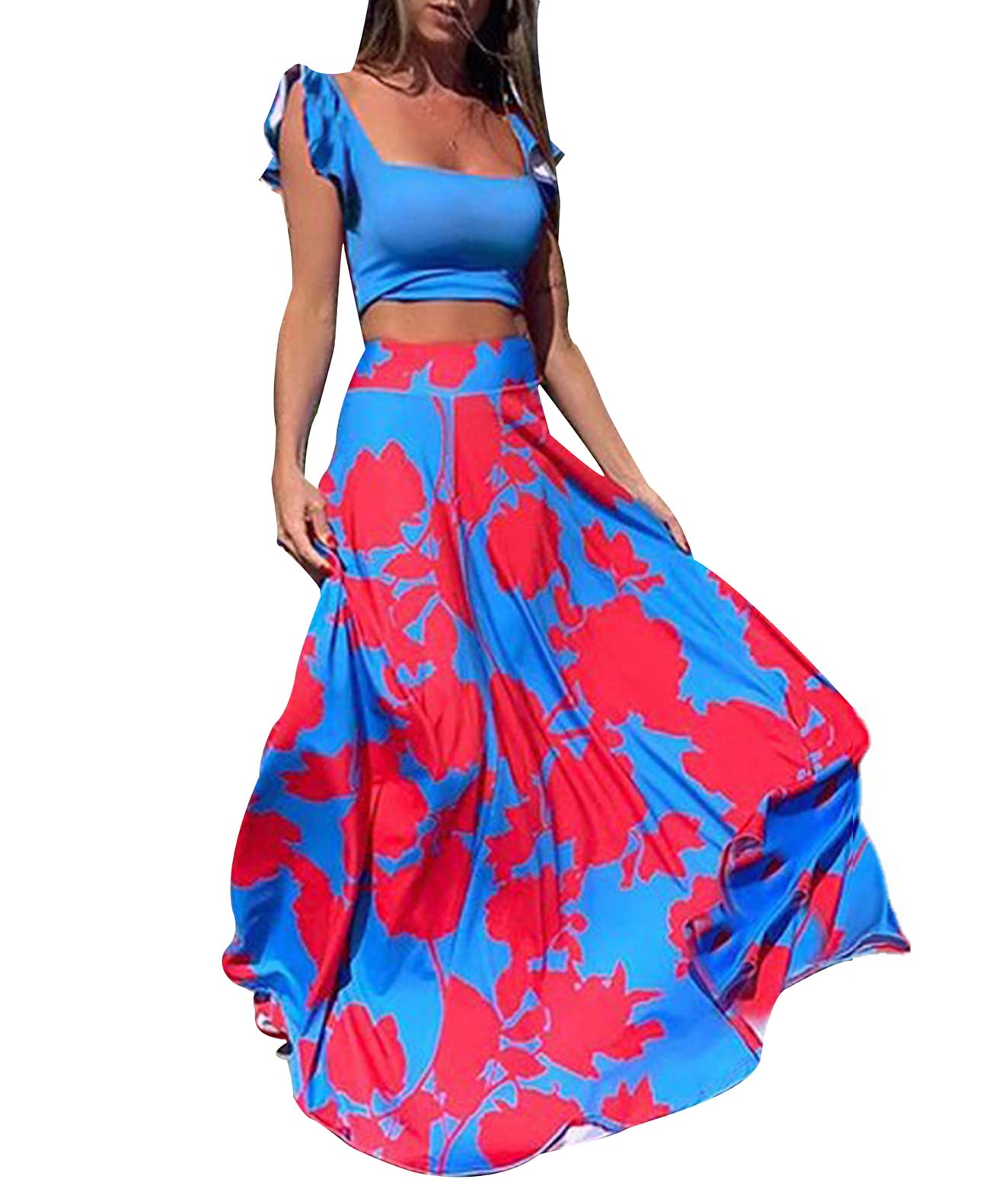 LKOUS Women's 2 Piece Floral Summer Outfit - Crop Top & High Waisted Long Skirt Set for Beach, Vacation, and Casual Wear | Perfect for Tropical Getaways, Resort Wear, and Summer Fashion