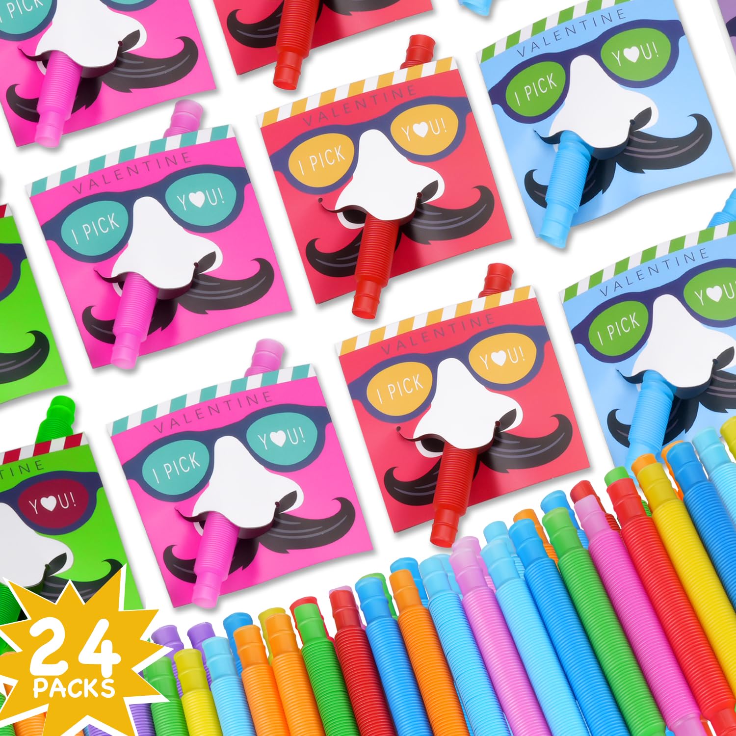 24 Sets Valentine's Day Nose Picking Cards with Pop Tubes - Fun Classroom Exchange Gifts for Kids, Boys & Girls - Perfect for Preschool & School Valentine's Parties, Friendship Day Celebrations