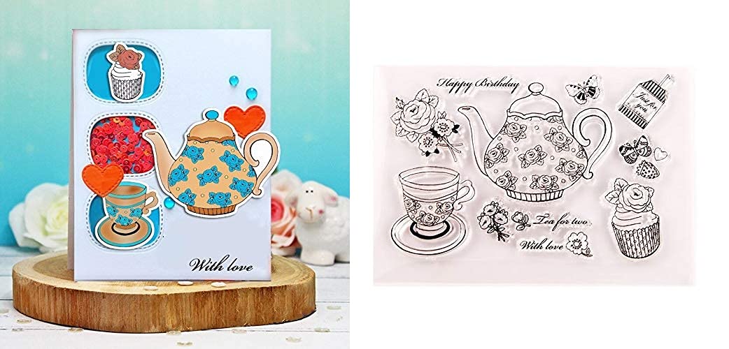 HAS Mountain Clear Stamps Set for Scrapbooking, Paper Crafts - Teapot, Tea Cup, Cake & Flower Design Metal Cutting Dies - DIY Photo Album, Card Making, Home Decor - Perfect for Memorial Day & Holiday Projects (Stamps Only)