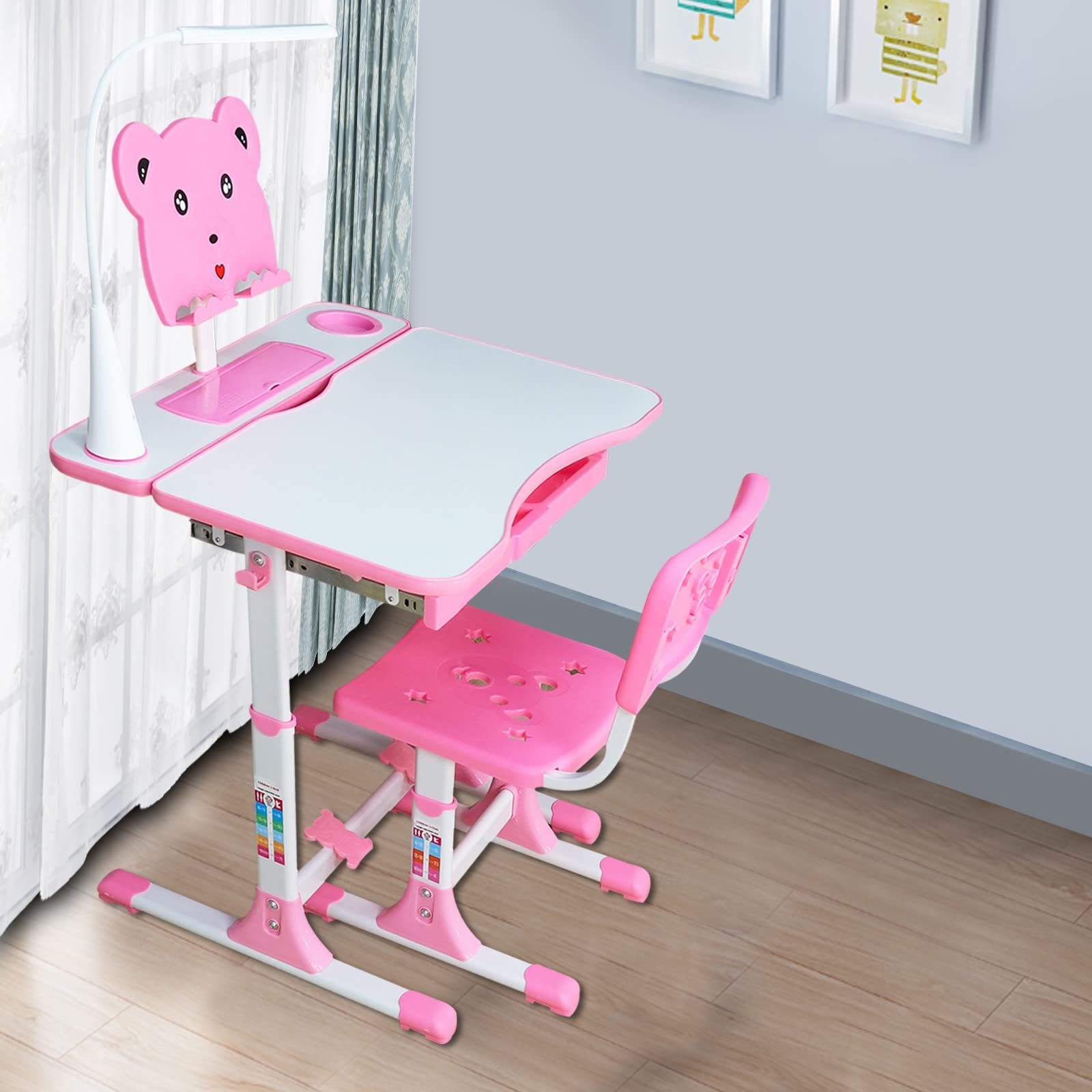 Adjustable Height Kids Study Desk & Chair Set with LED Lamp - Ergonomic Student Desk for Children Ages 3-18 - Pink Home Office Furniture for Homework, Reading & Online Learning