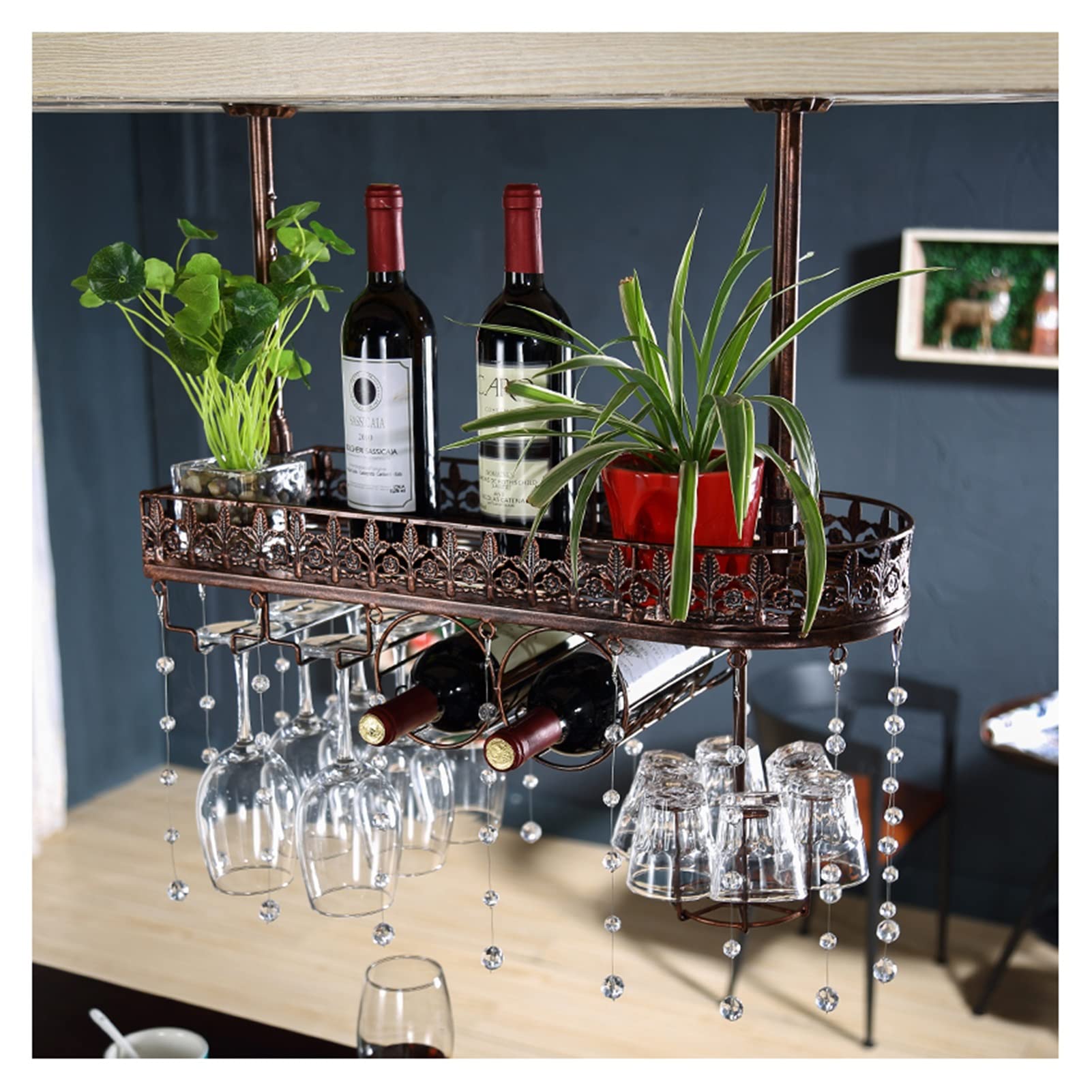 Industrial Iron Wine Rack - Decorative Ceiling Shelf for Flowers, Living Room & Restaurant Bar Decor (Bronze, 100CM) - Perfect for Home, Cafe & Wine Storage