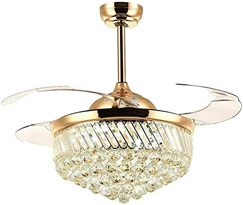 DNYSYSJ 42 Inch Crystal Ceiling Fan with Light and Remote Control - 3 Color Changing LED Chandelier Fan with 4 Retractable Blades - Modern Gold Ceiling Fan for Living Room, Bedroom, Dining Room and Office - Energy Efficient Cooling & Stylish Lighting Solution