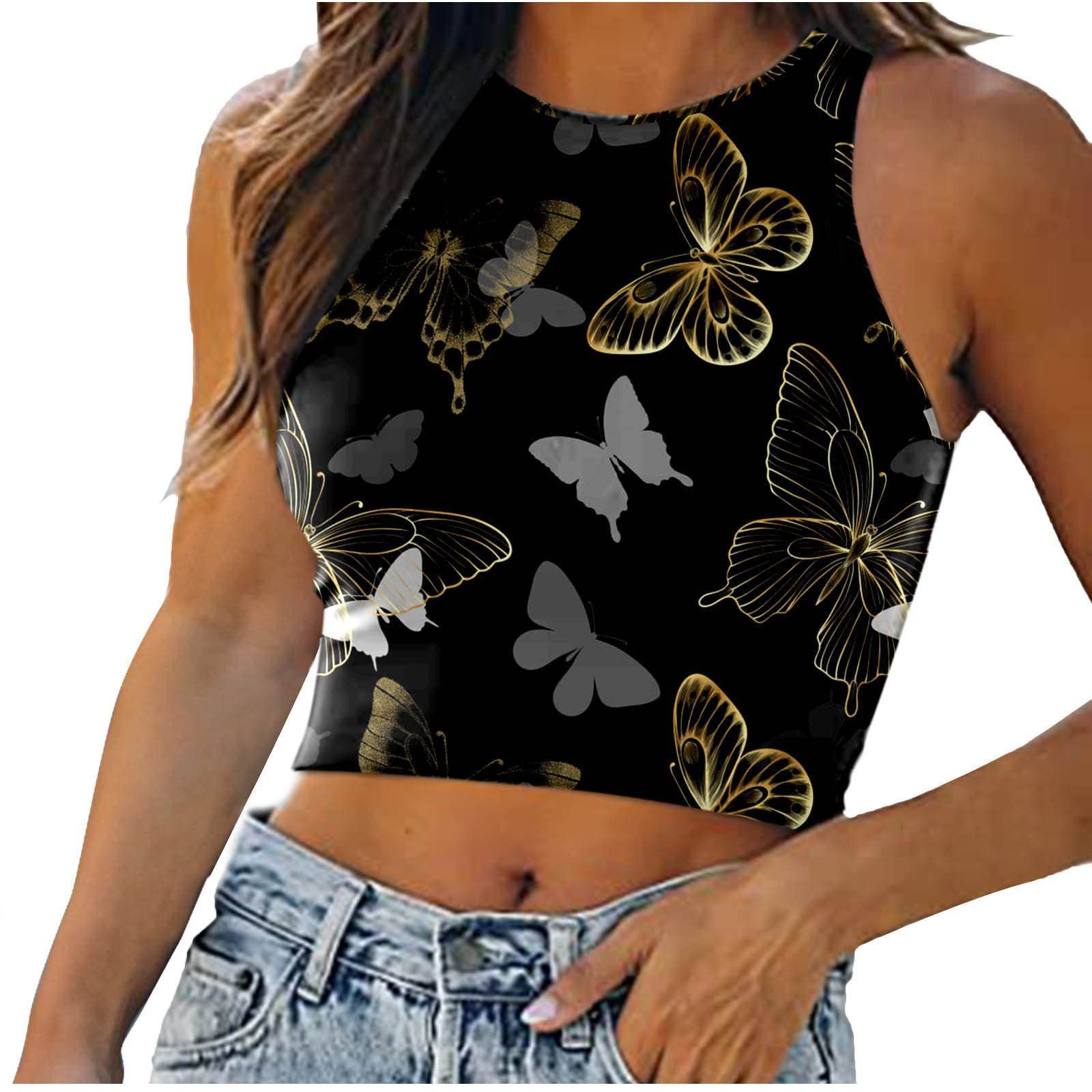 Women's Trendy Printed Racerback Crop Tank Top - Round Neck Sleeveless Summer Blouse for Workout & Casual Wear | Slim Fit Fashion T-Shirt Vest for Gym, Yoga, Beach & Daily Outfits