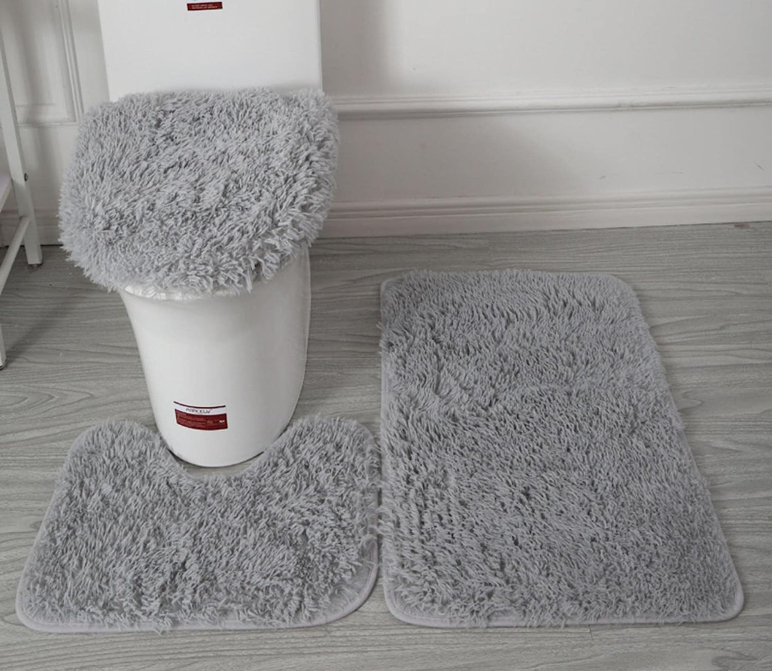 Soft Microfiber Bathroom Rugs Set 3-Piece - Non-Slip Bath Mat, Contour Mat & Toilet Cover with PVC Backing | Water Absorbent Light Grey for Bathroom Safety & Comfort