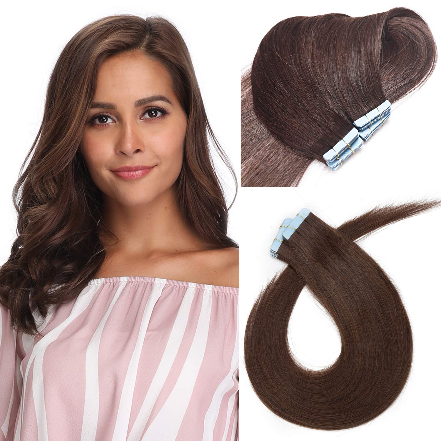Natural Remy Human Hair Extensions 40-Piece Set - 22Inch Straight Seamless Skin Weft with Double Tape for Invisible Full Head Application (#04 Medium Brown, 100g) | Perfect for Daily Wear, Special Occasions & Hair Volume Enhancement