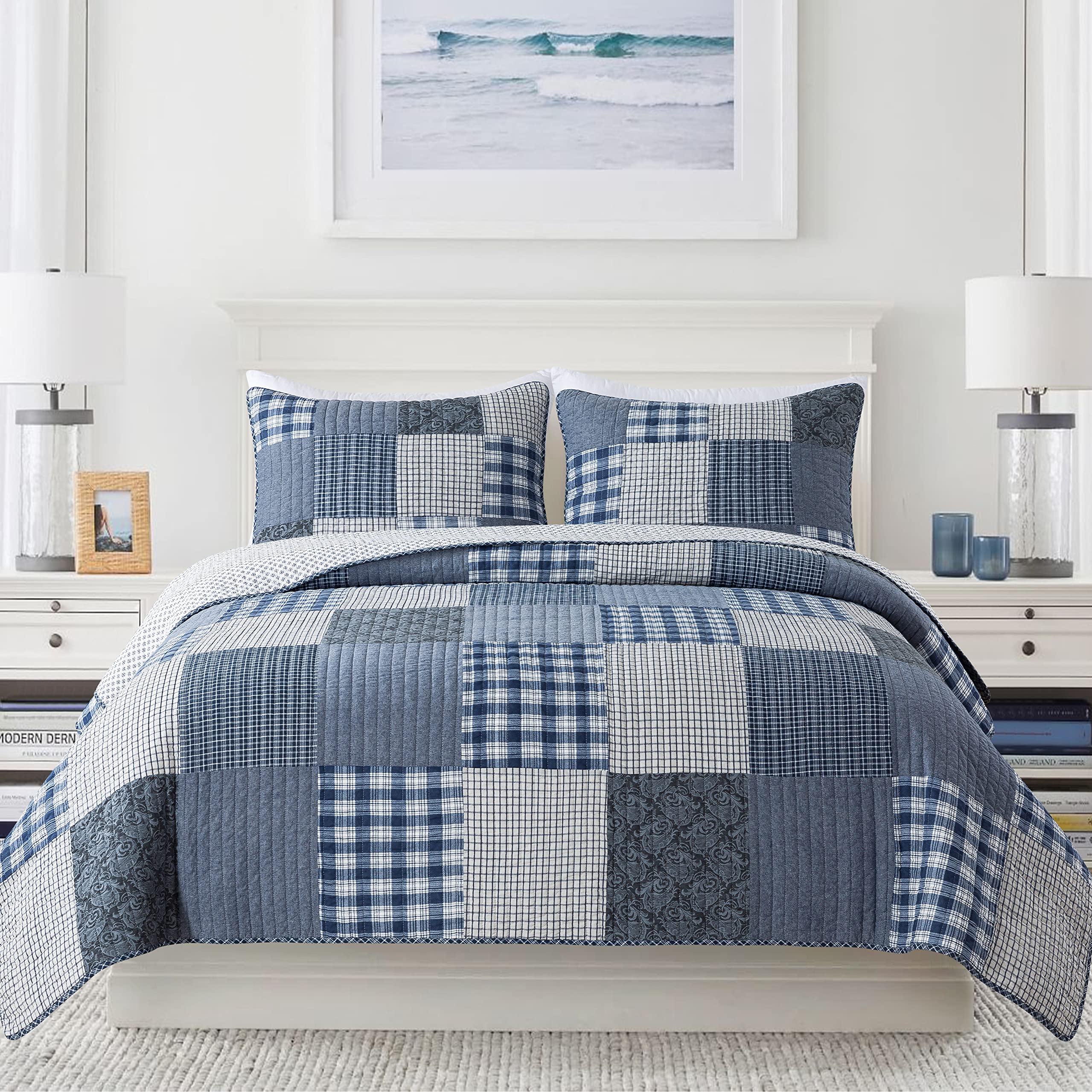 Pacific Breeze 3-Piece Country Patchwork Quilt Set - King Size Cotton Quilted Coverlet with 2 Shams | Farmhouse Style Lightweight Bedspread Comforter by Soul & Lane | Perfect for Cozy Bedroom Decor & Guest Room Makeover