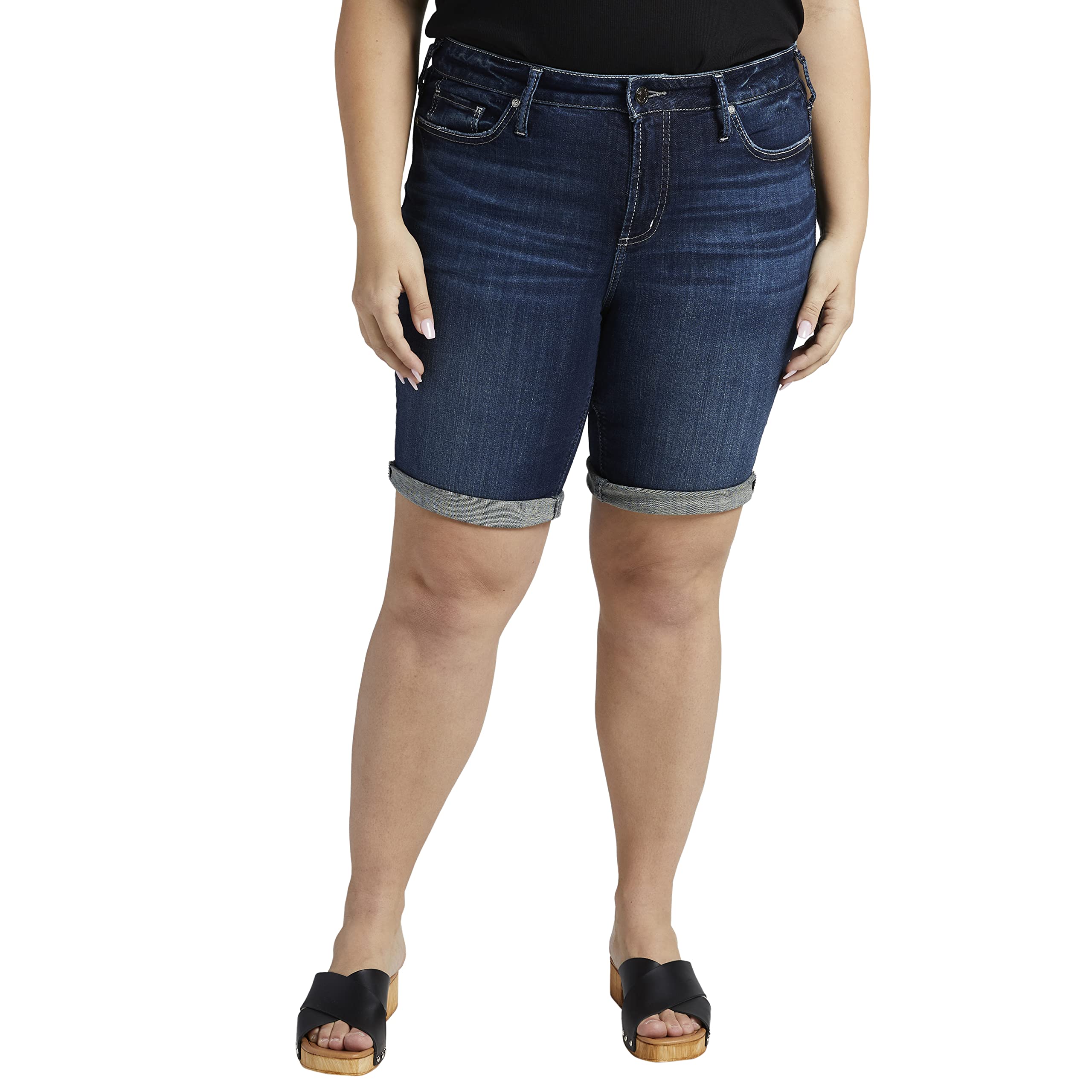 Silver Jeans Co. Women's Plus Size Suki Mid Rise Shorts - Stretch Denim Shorts for Curvy Women | Comfortable Casual Summer Shorts for Outfits, Beach, and Travel