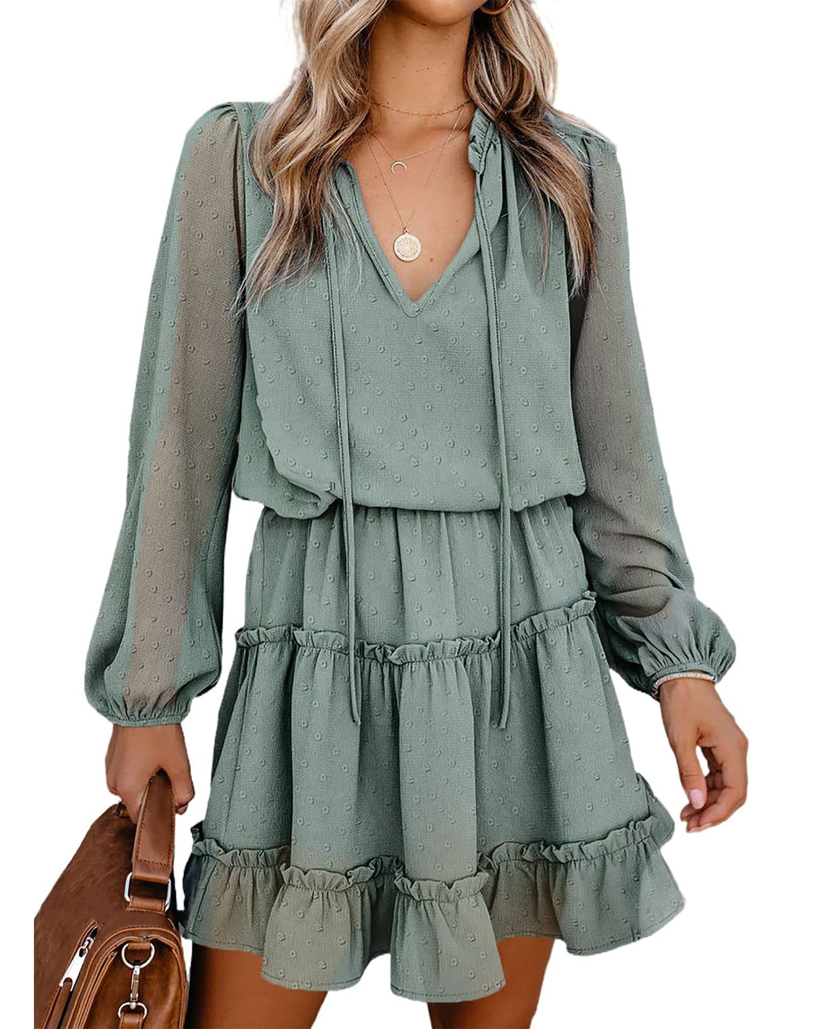 BTFBM Women's Casual Summer Spring Dress 2025 - Tie Neck Long Sleeve High Waist Tiered Ruffle A-Line Swing Mini Tunic Dress for Outdoor Parties, Date Night & Vacation Wear