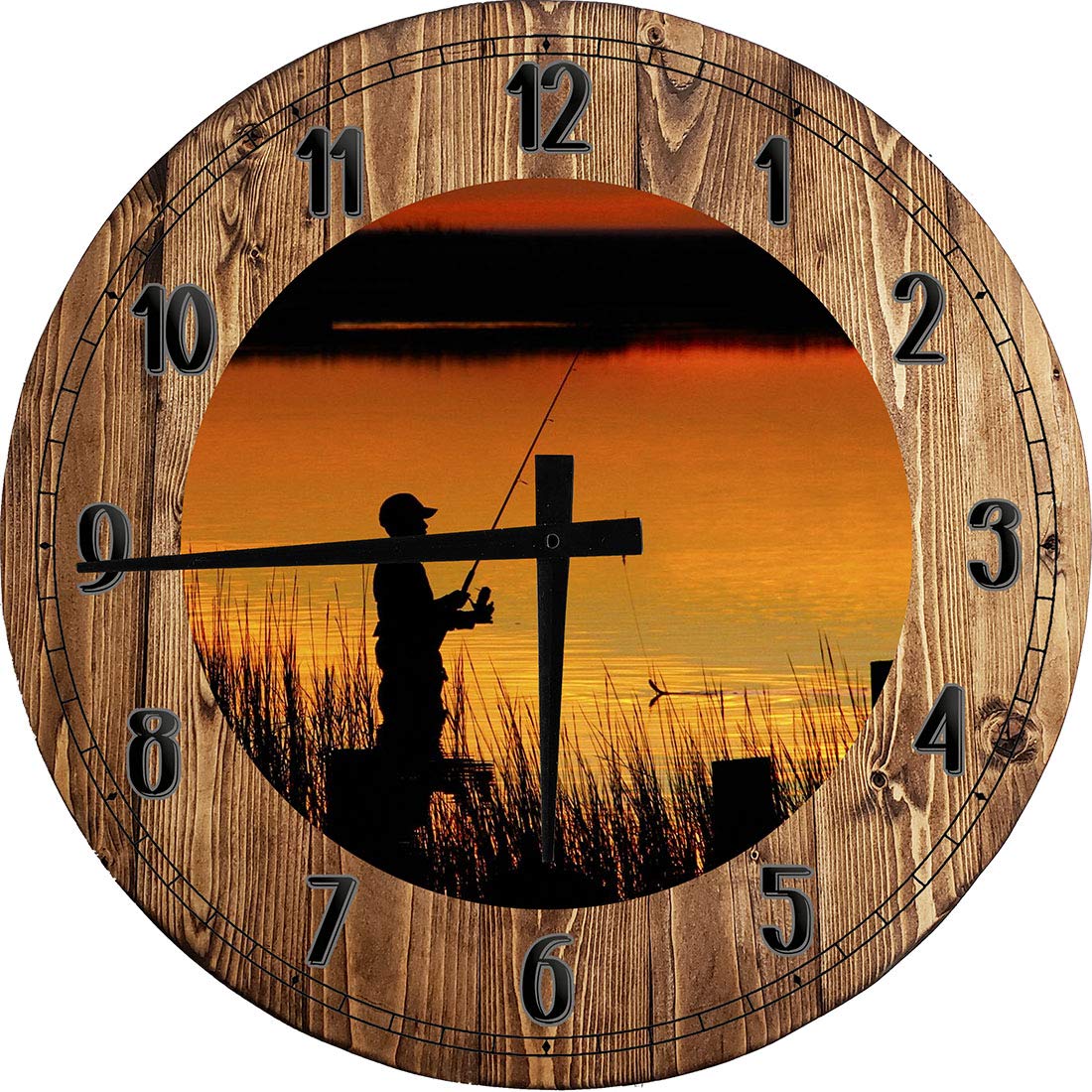 Sunrise Lake Fishing Wall Art - 24 Inch Large Round Wall Clock with Battery - Perfect for Cabin, Living Room & Office Decor