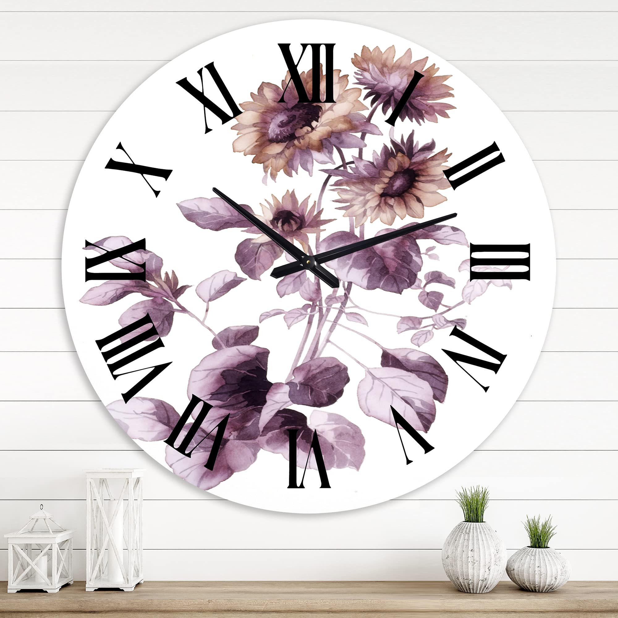 DesignQ Traditional Wall Clock 'Purple Wildflowers III' - Large Floral & Botanical Wall Clock for Home, Office, Living Room Decor - Perfect for Farmhouse, Bedroom, and Kitchen Wall Decor