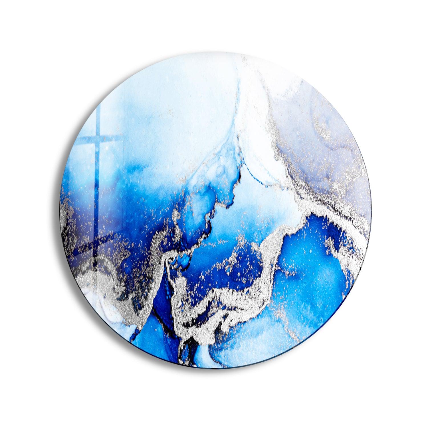 Blue Marble Round Glass Wall Art with Silver Accents - Elegant Home Decor for Living Room, Bedroom & Office