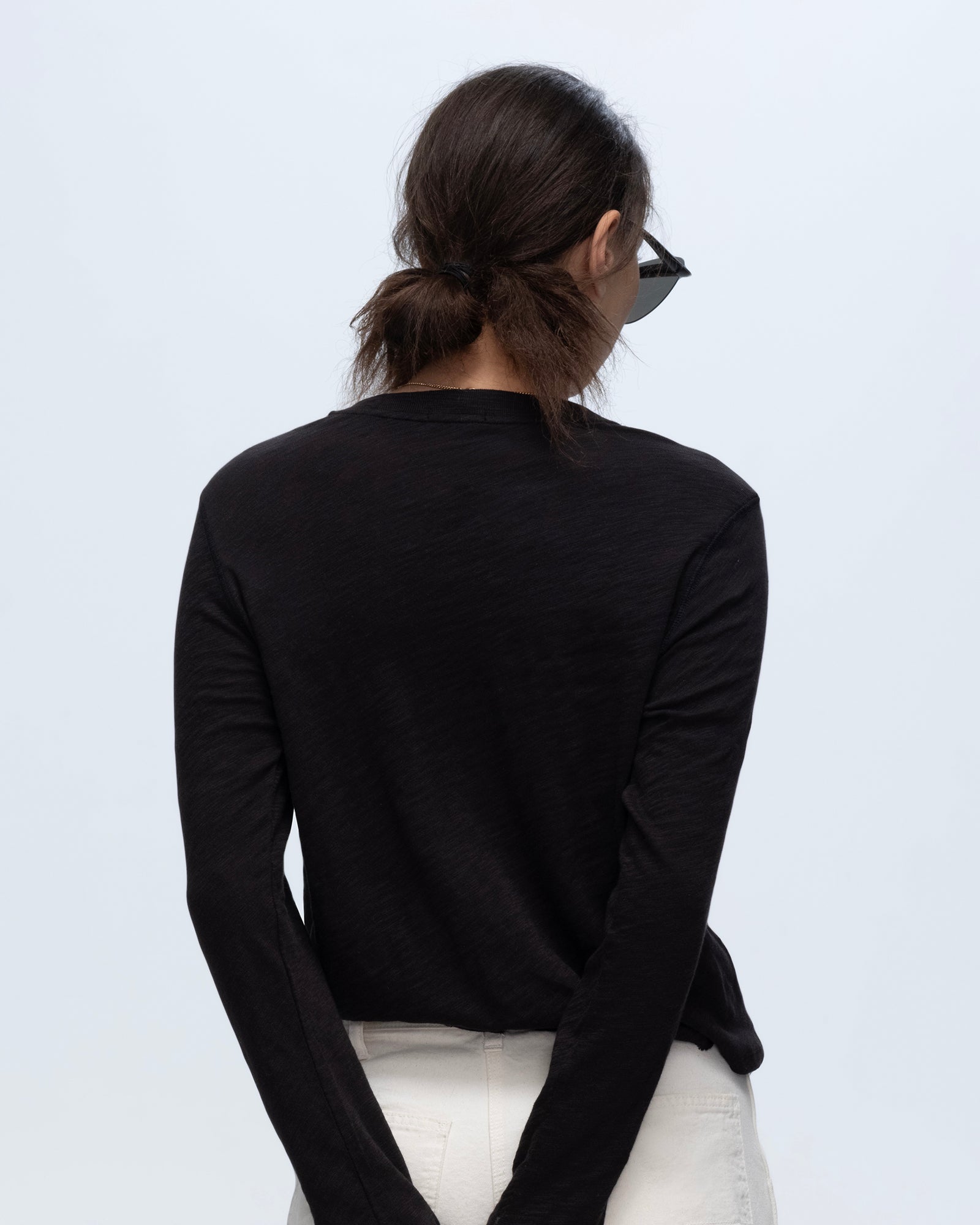 Distressed Slub Jersey Long Sleeve Crop Top Tee - Black | Vintage Washed Cotton Shirt for Women | Perfect for Casual Outfits, Streetwear & Layering