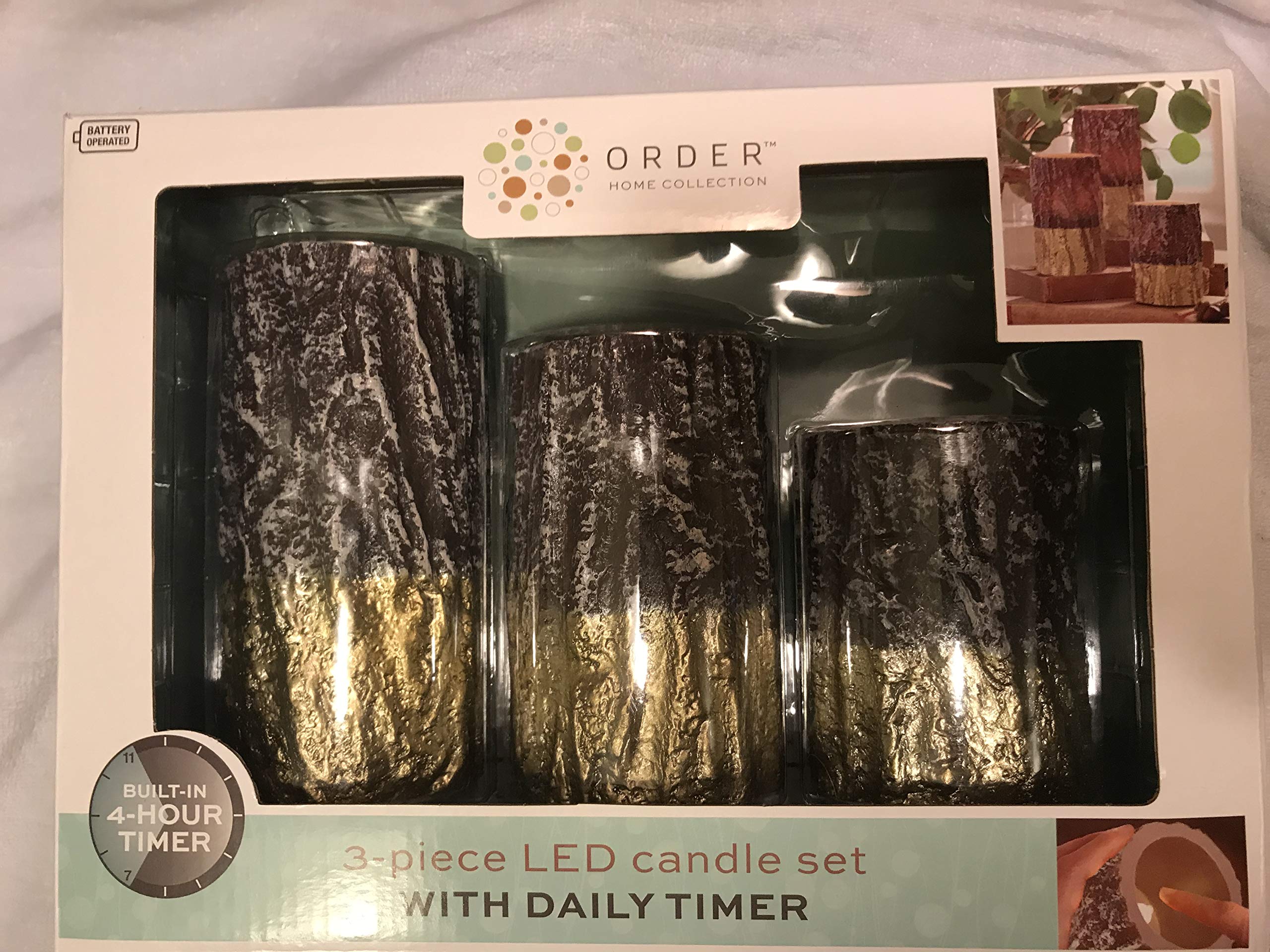 Premium Flameless LED Candles Set of 3 - Golden Brown Bark Design with Timer | Battery Operated Pillar Candles for Home Decor, Wedding Centerpieces & Romantic Ambiance