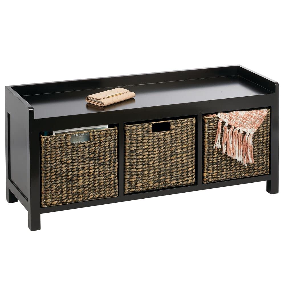 mDesign Collapsible Entryway Bench with Natural Woven Hyacinth Storage Baskets - Black/Black Wash - Perfect for Closet, Bedroom, Bathroom, Entryway & Office Organization - Ideal for Small Space Storage & Home Decor