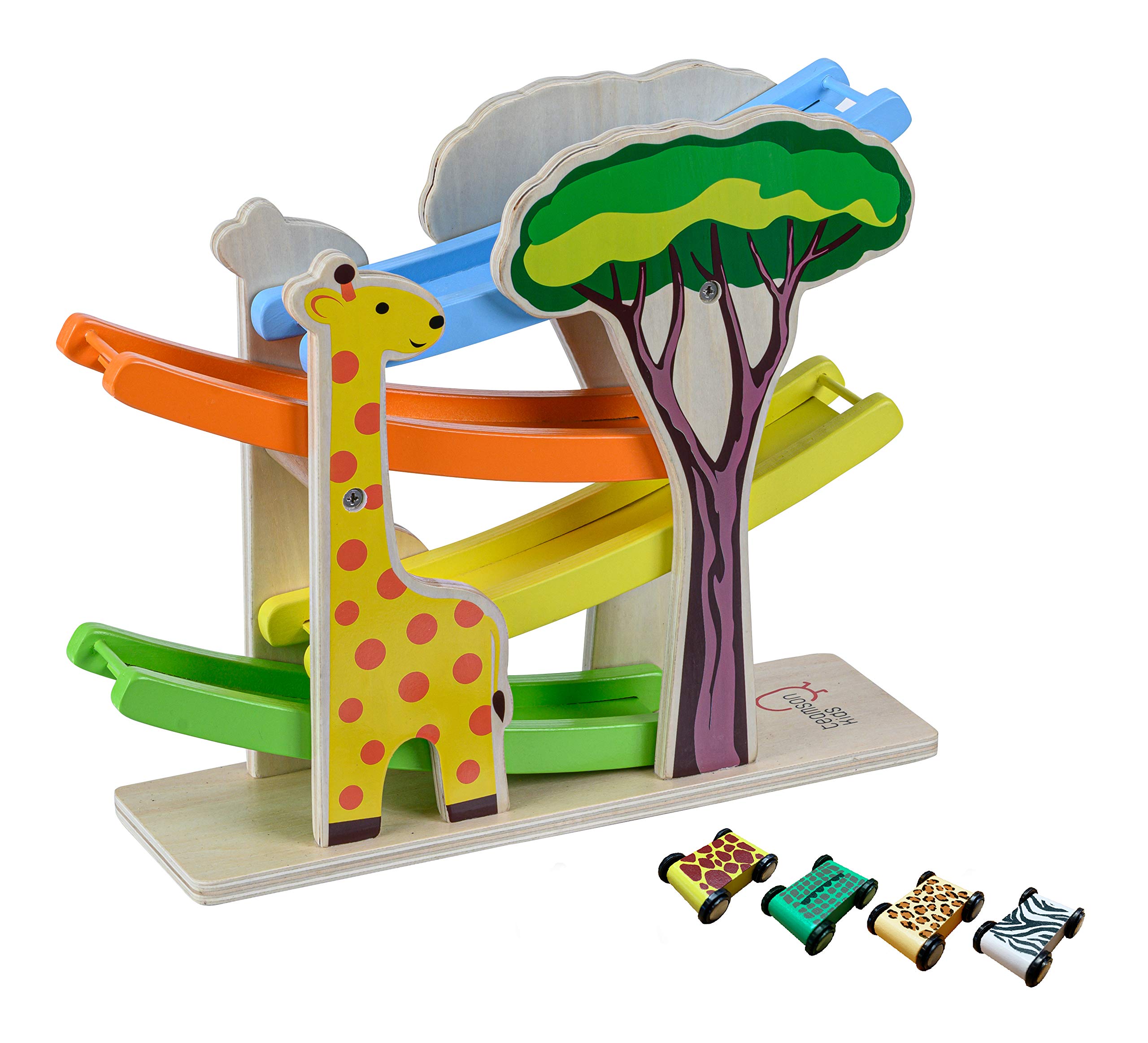 Teamson Kids Wooden Safari Ramp Racer Toy with 4 Animal Print Cars - Preschool Learning & Montessori Play for Toddlers Ages 3-5 - Perfect for Indoor Playrooms, Daycare Centers & Birthday Gifts