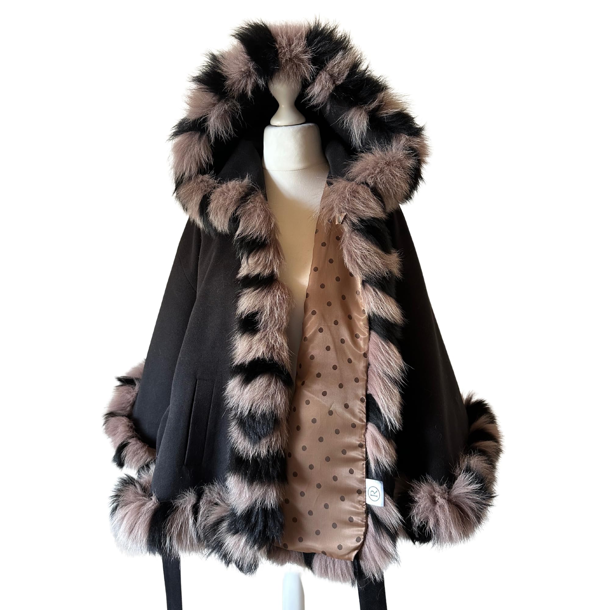 Luxury Black Cashmere Wool Blend Women's Winter Coat with Fox Fur Cape Trim - Warm Elegant Poncho Jacket Lined for Cold Weather - Perfect for Holiday Parties, Office Wear & Outdoor Activities