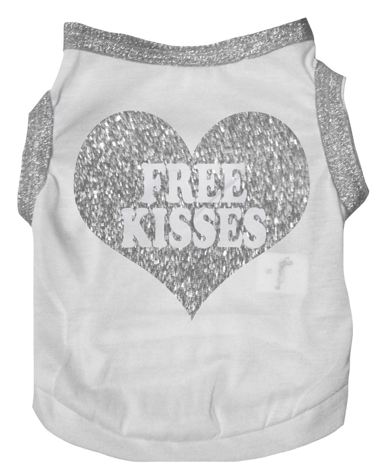 Petitebella 'Free Kisses' Heart Puppy Dog Shirt for Small Dogs - Cute White & Silver XS Pet Tee - Perfect for Valentine's Day, Photo Shoots & Dog Birthday Parties