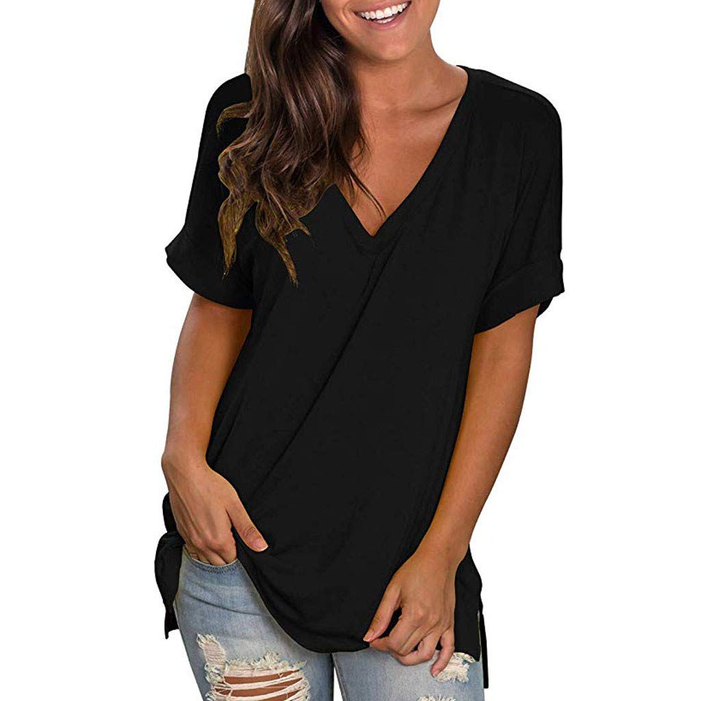 FMCHICO Women's V-Neck Short Sleeve T-Shirt - Casual Loose Fit Summer Tunic Top for Women | Perfect for Beach, Vacation & Everyday Wear