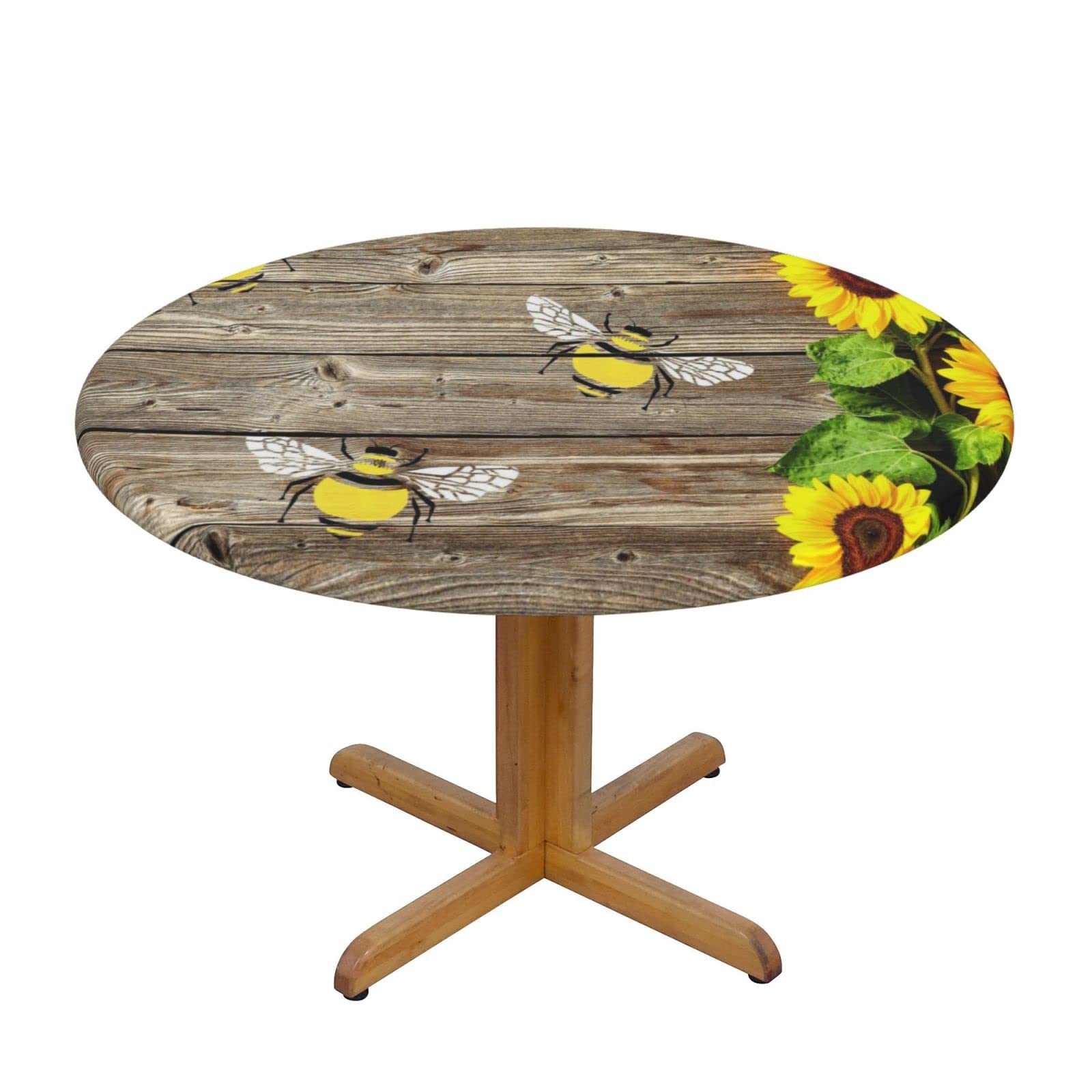 Waterproof Elastic Round Tablecloth - Sunflower & Bee Design Wipeable Patio Table Cover for Indoor/Outdoor Use - Perfect for Picnics, BBQs, and Fall Decor