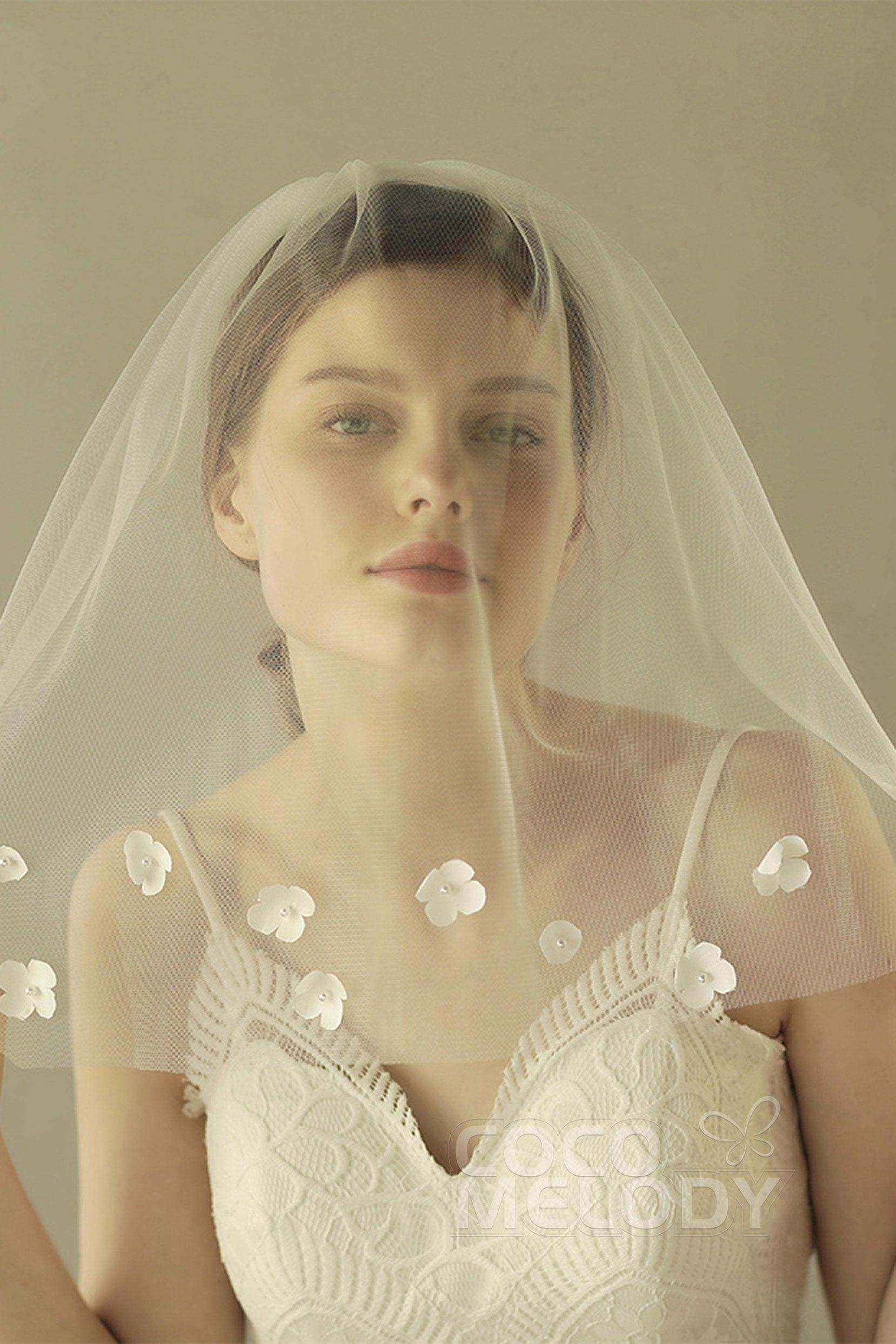Elegant One-Tier Cut Edge Tulle Shoulder Veil with Floral Accent CV0236 - Perfect for Weddings, Bridal Showers & Romantic Photo Shoots