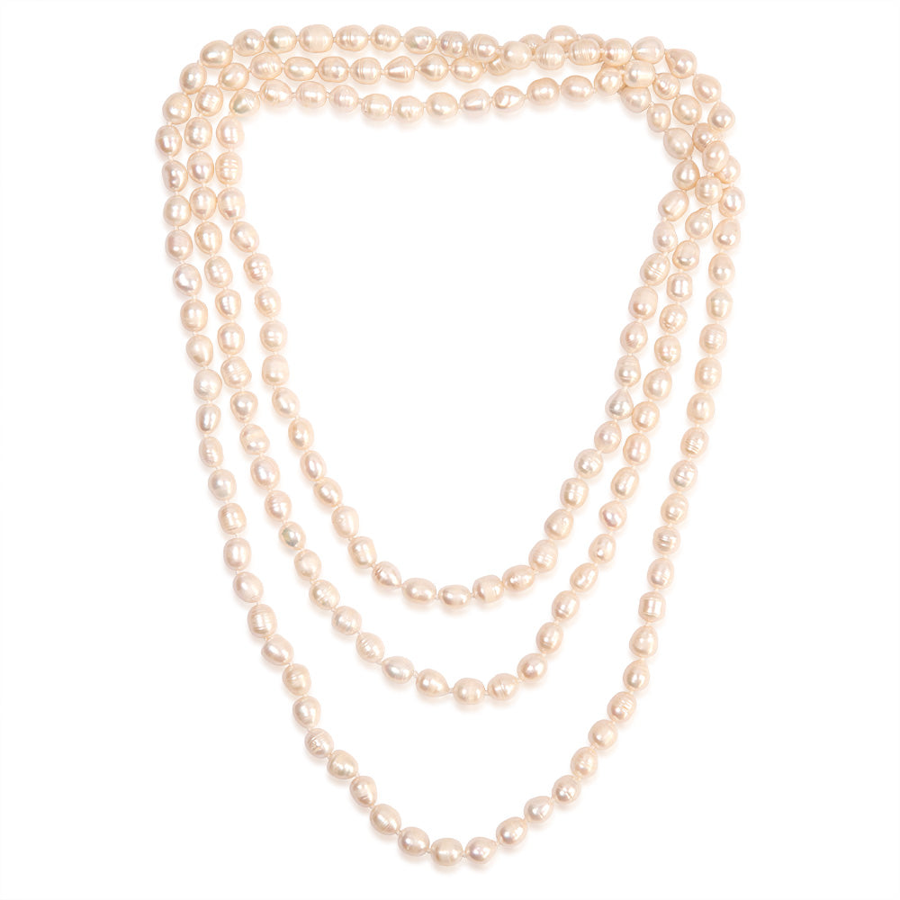 8-9mm White Rice Pearl Necklace - 162.5cm Long Elegant Strand for Women - Perfect for Weddings, Parties & Formal Occasions