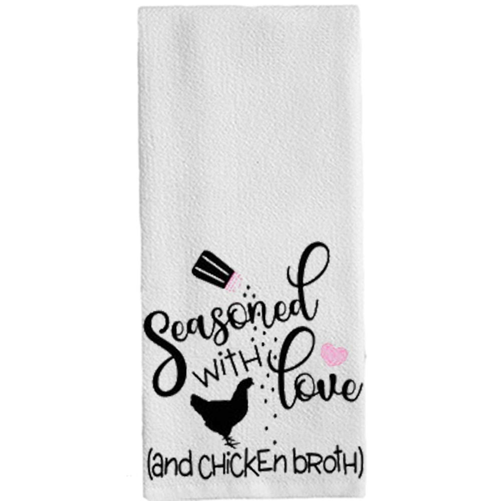 Funny Kitchen Towels - 'This Kitchen is Seasoned with Love' - 14x30 Inch (35x75cm) White Washcloths & Tablecloths for Restaurant, Cooking, BBQ, Dining Table - Perfect for Home Kitchen Decor and Gift Giving
