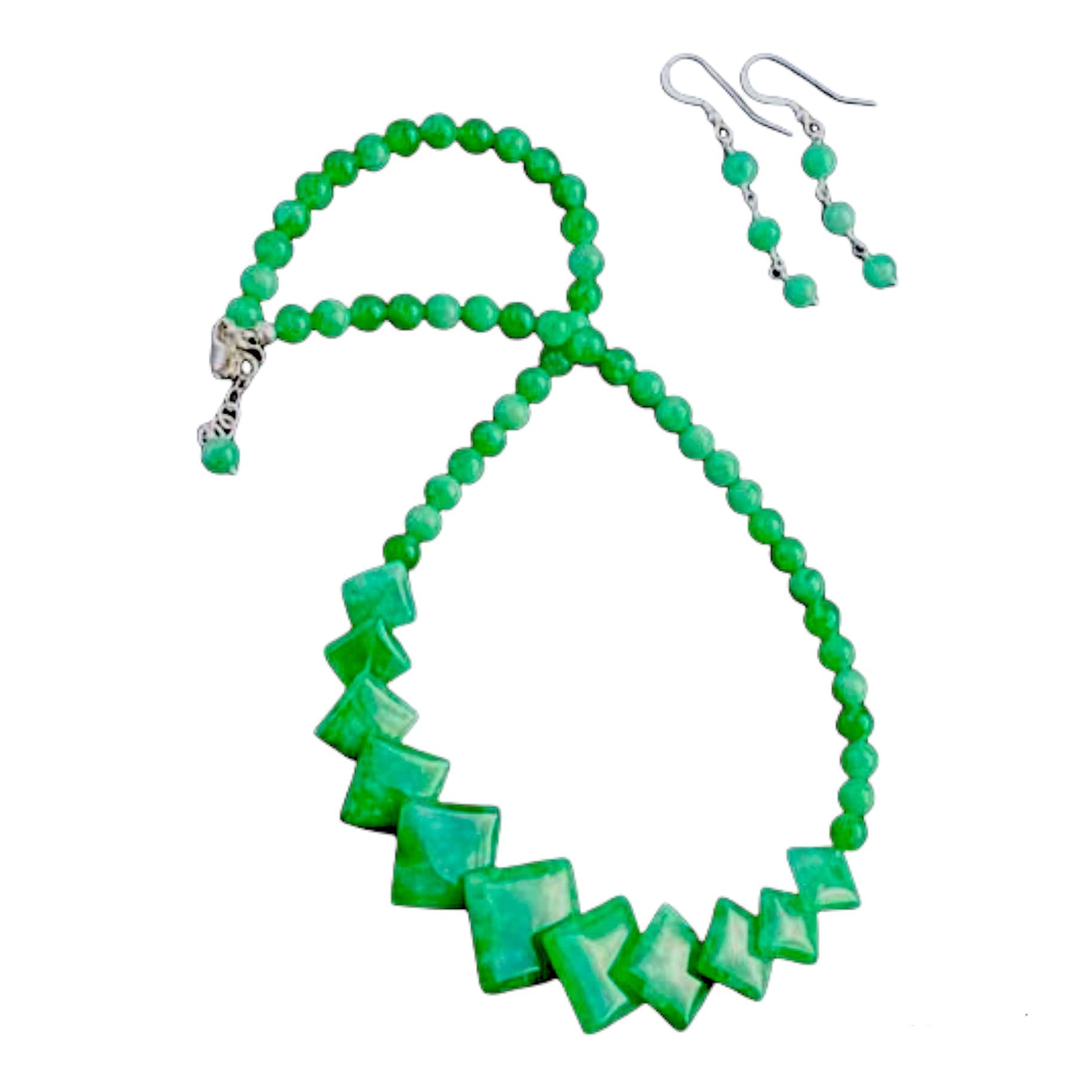 Handmade Sterling Silver Green Jade Necklace & Dangle Earrings Set - Adjustable Jewelry for Women | Unique Artisan Gift for Her, Mom, Wife, Grandma | Perfect for Christmas, Weddings & Special Occasions