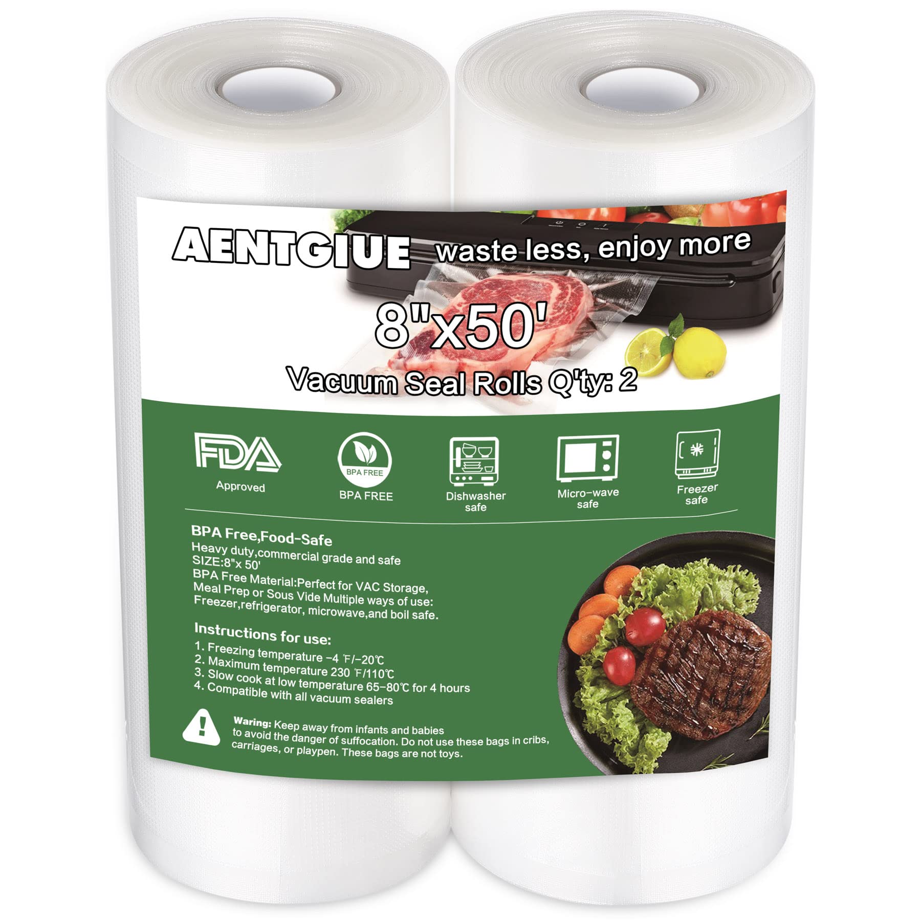 BPA Free Vacuum Sealer Bags for Food Storage - 8in x 50ft (2 Pack) Thick Commercial Grade Sous Vide Bags | Compatible with FoodSaver, Seal-a-Meal & All Vacuum Sealers | Perfect for Meal Prep, Freezing & Long-Term Food Preservation
