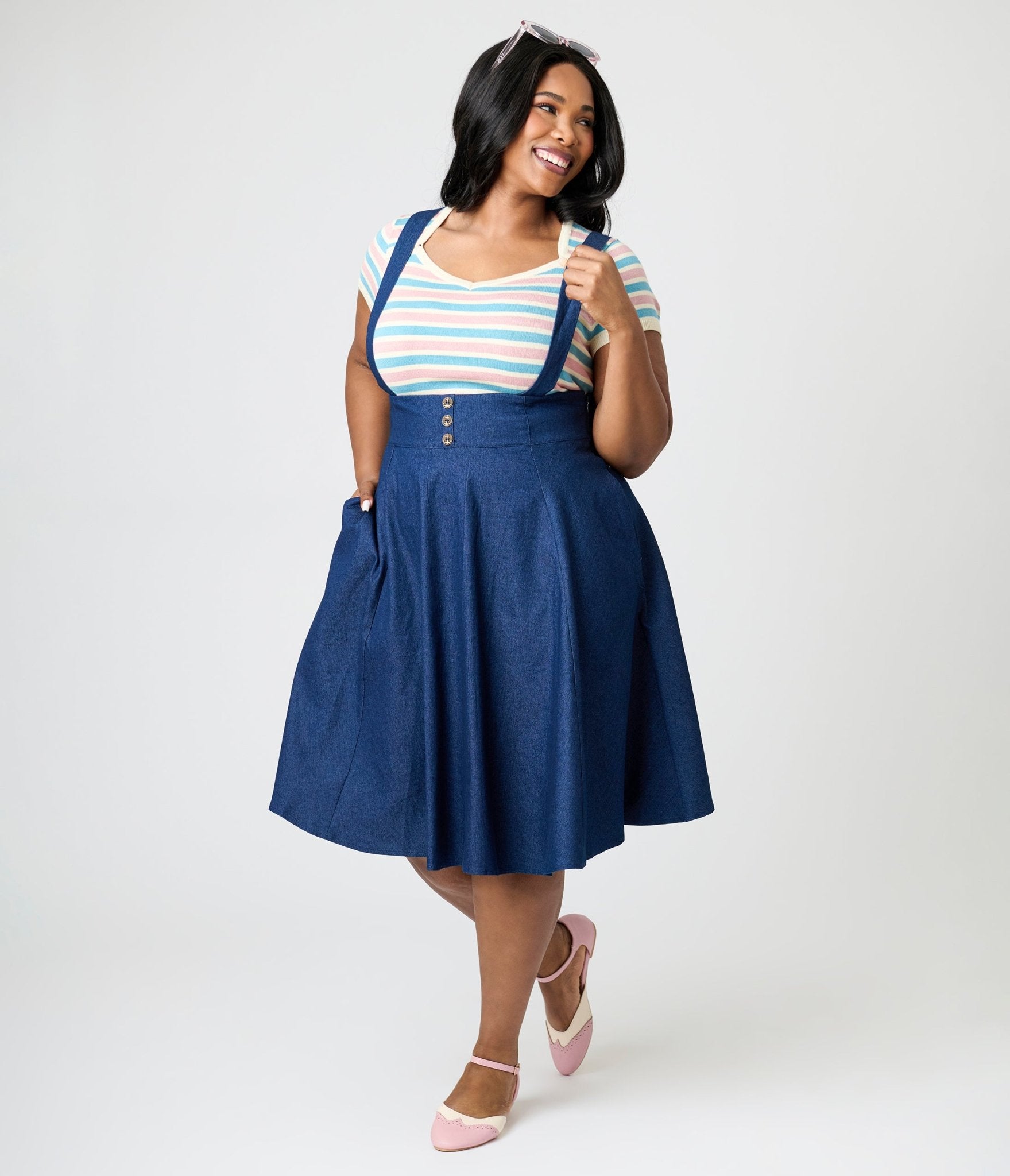 Royal Monk Plus Size Dark Blue Denim Dottie Swing Skirt - Women's A-Line Flowy Midi Skirt for Casual Outings, Date Nights & Summer Fashion