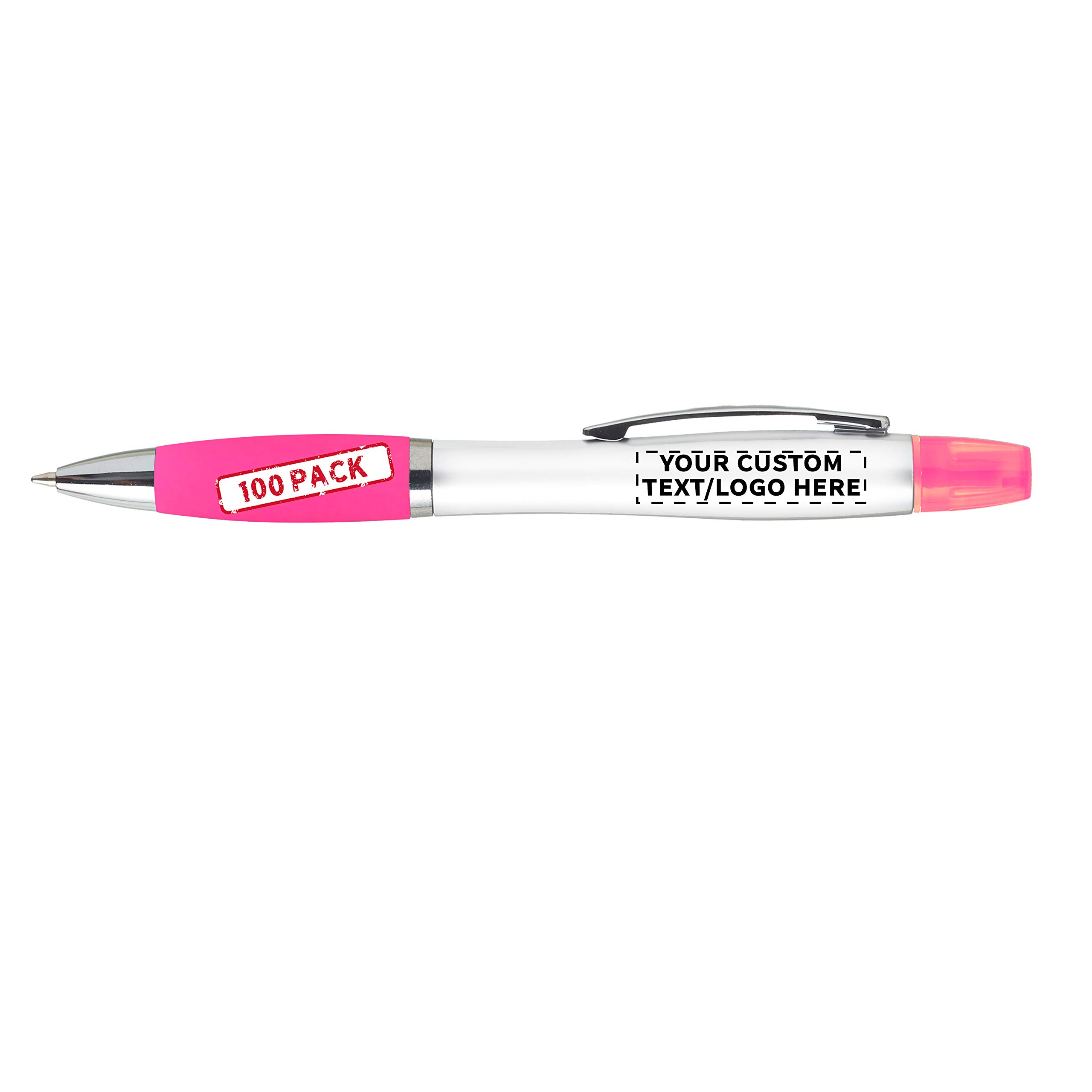 Custom Personalized Plastic Highlighter Pens - 100 Pack Bulk Set with Custom Text & Logo - Pink Office School Supplies for Teachers, Students, Note Taking & Study Sessions
