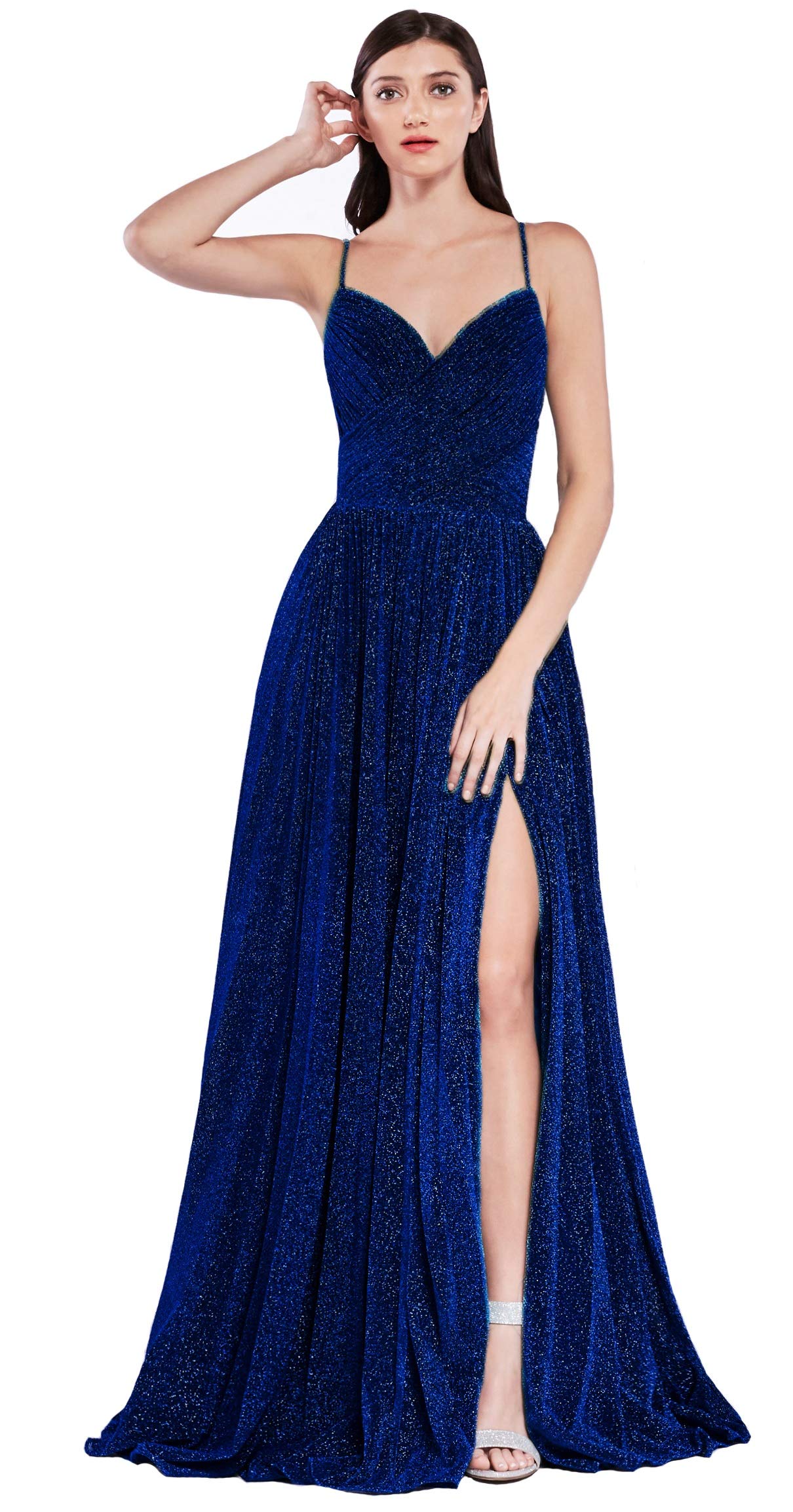 Elegant Women's Metallic Glitter Pleated Long Prom Formal Evening Gown for Homecoming, Wedding, and Special Occasions