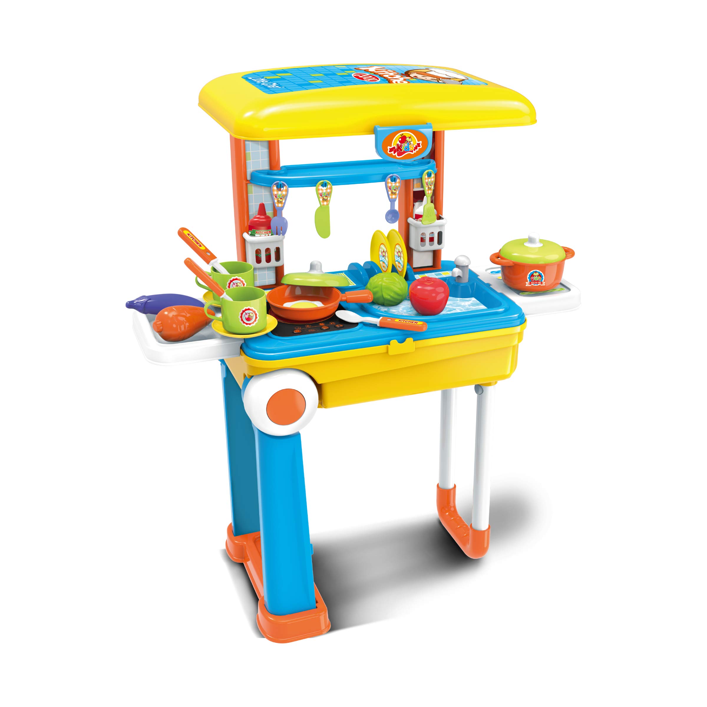 2-in-1 Travel Suitcase Kids Kitchen Playset | Toy Pots, Pans, Dishes & Utensils with 30+ Food Items - Durable ABS Plastic Pretend Play Cooking Set for Toddlers & Preschoolers (Blue/Yellow) - Perfect for Indoor Play, Birthday Gifts & Early Learning Development